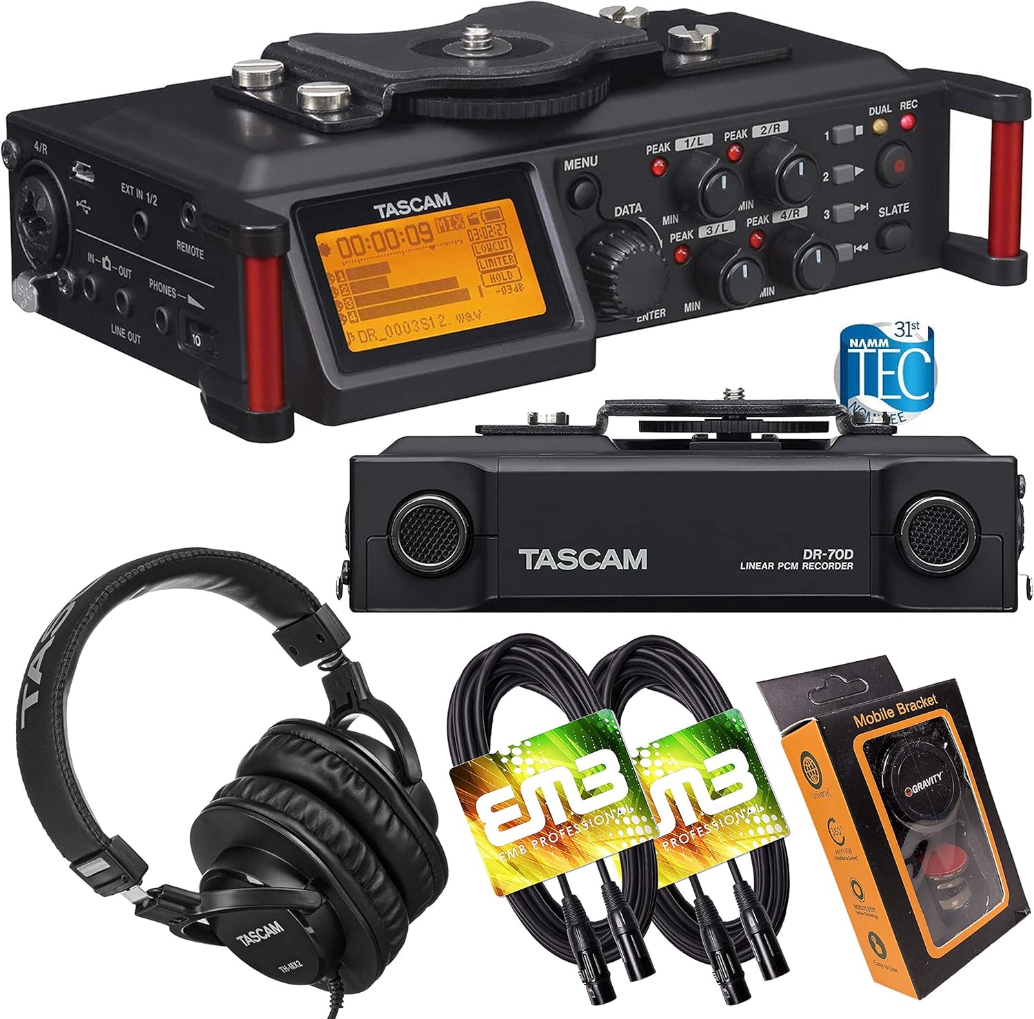 Tascam DR-70D 4-Track Portable Audio Recorder for DSLR Camera with Pro Headphone and Pair of EMB XLR Cables and Gravity Magnet Phone Holder Bundle