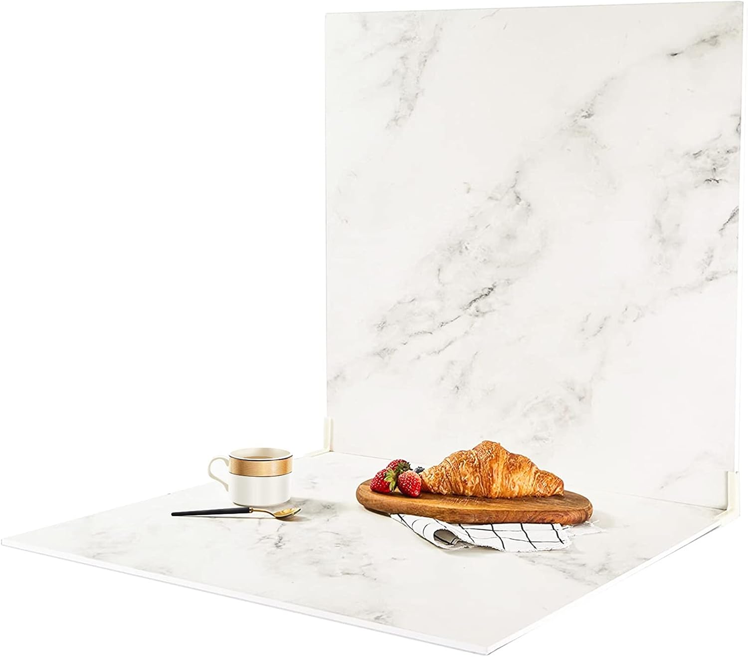 BEIYANG 2 Marble 24x24in Photography Backdrop Boards with 2 PCS Bracket for Flat Lay or Food Photography Background Marble and White Backdrop Photo Table Backdrop Pack of 2