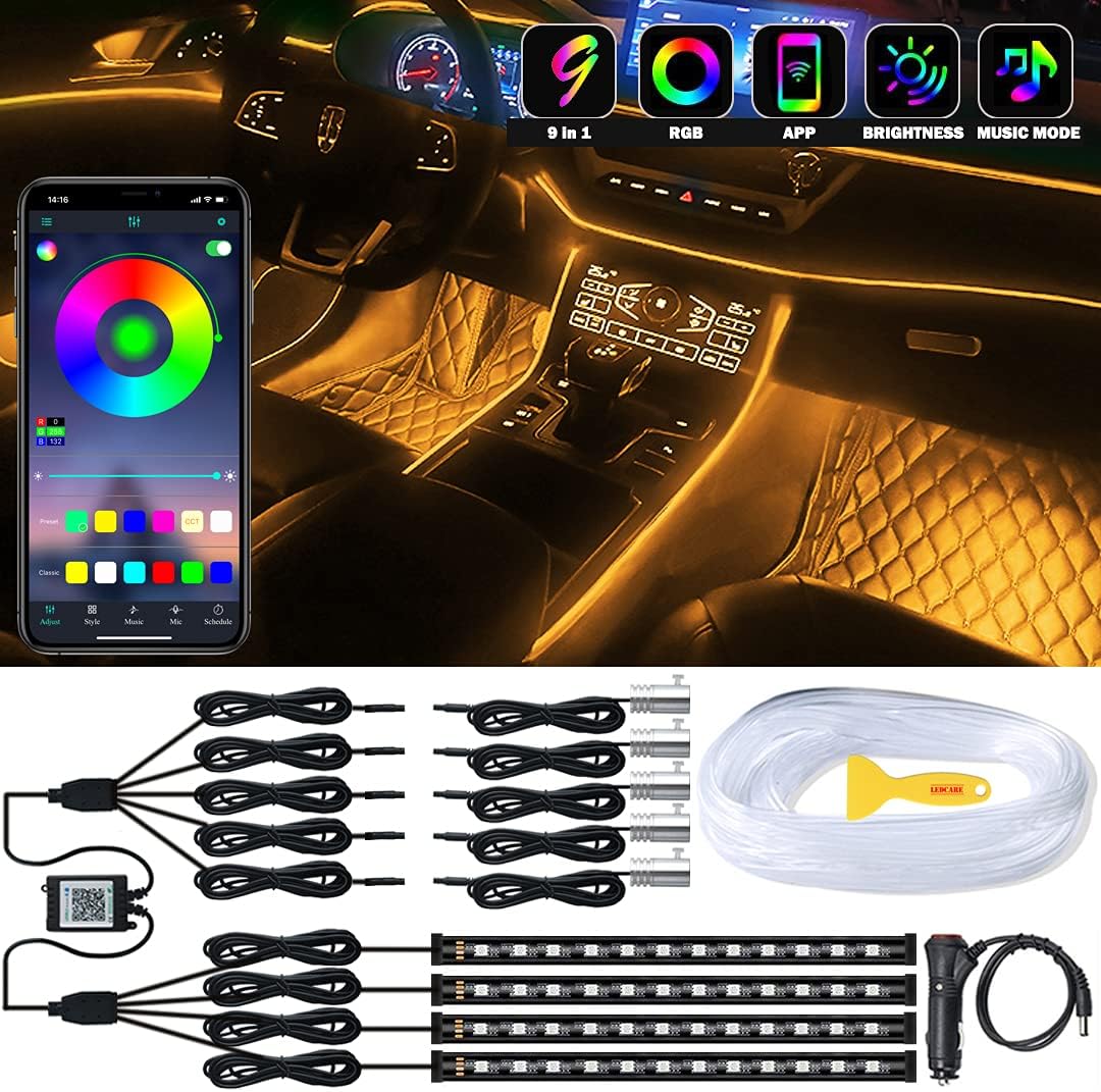 Interior Car LED Strip Lights, LEDCARE 9 in 1 Multicolor RGB Car Neon Ambient Lighting Kits with 4 Under Dash Lighting & 5 Fiber Optic LED Lights, Sync to Music and Wireless Bluetooth APP Control Pack of 2