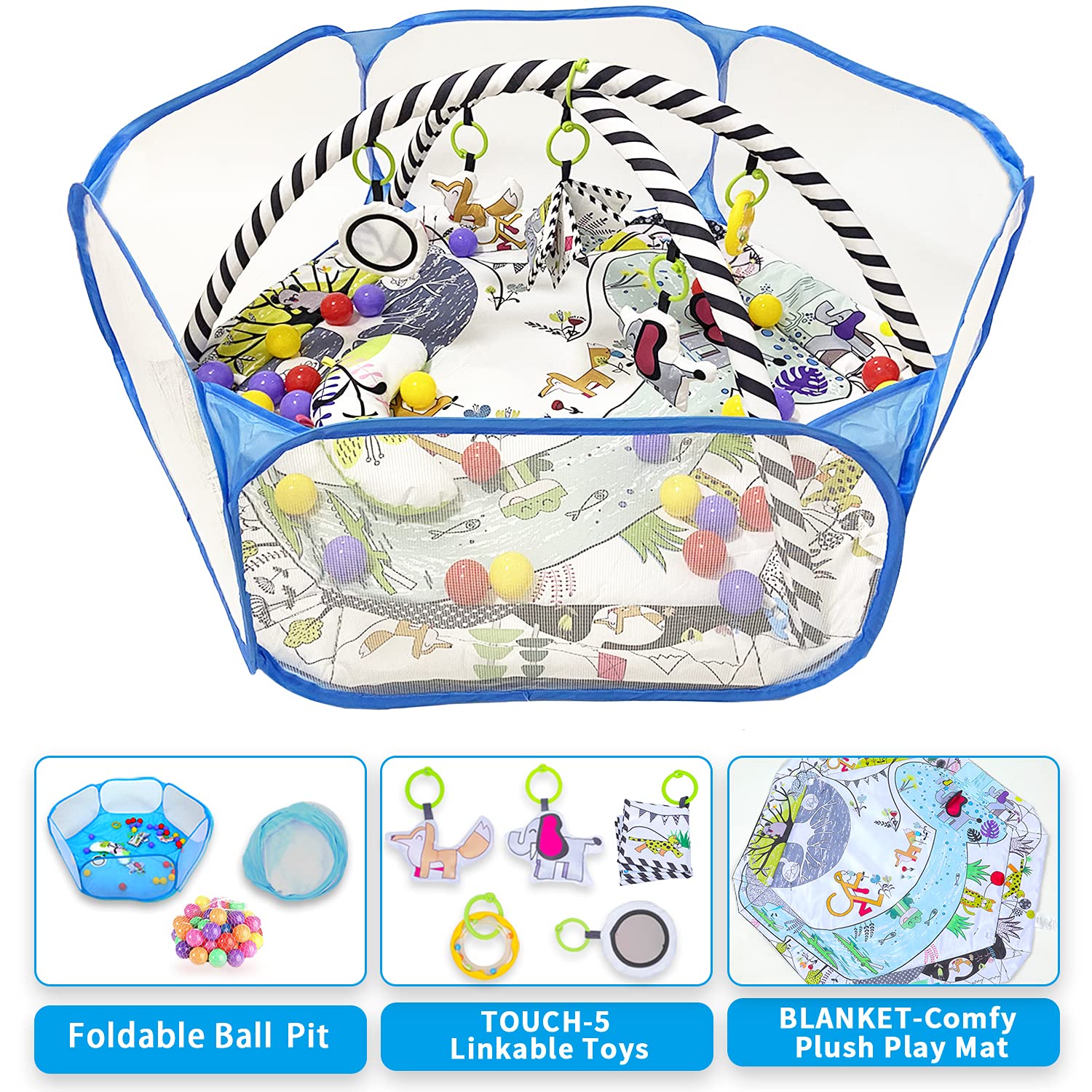 Baby Play Gym, Caromolly Baby Activity Gym & Play Mat, 4-in-1 Developmental Activity Gym & Ball Pit to Promote Sensory Exploration and Motor Skill for Baby to Toddler Pack of 2