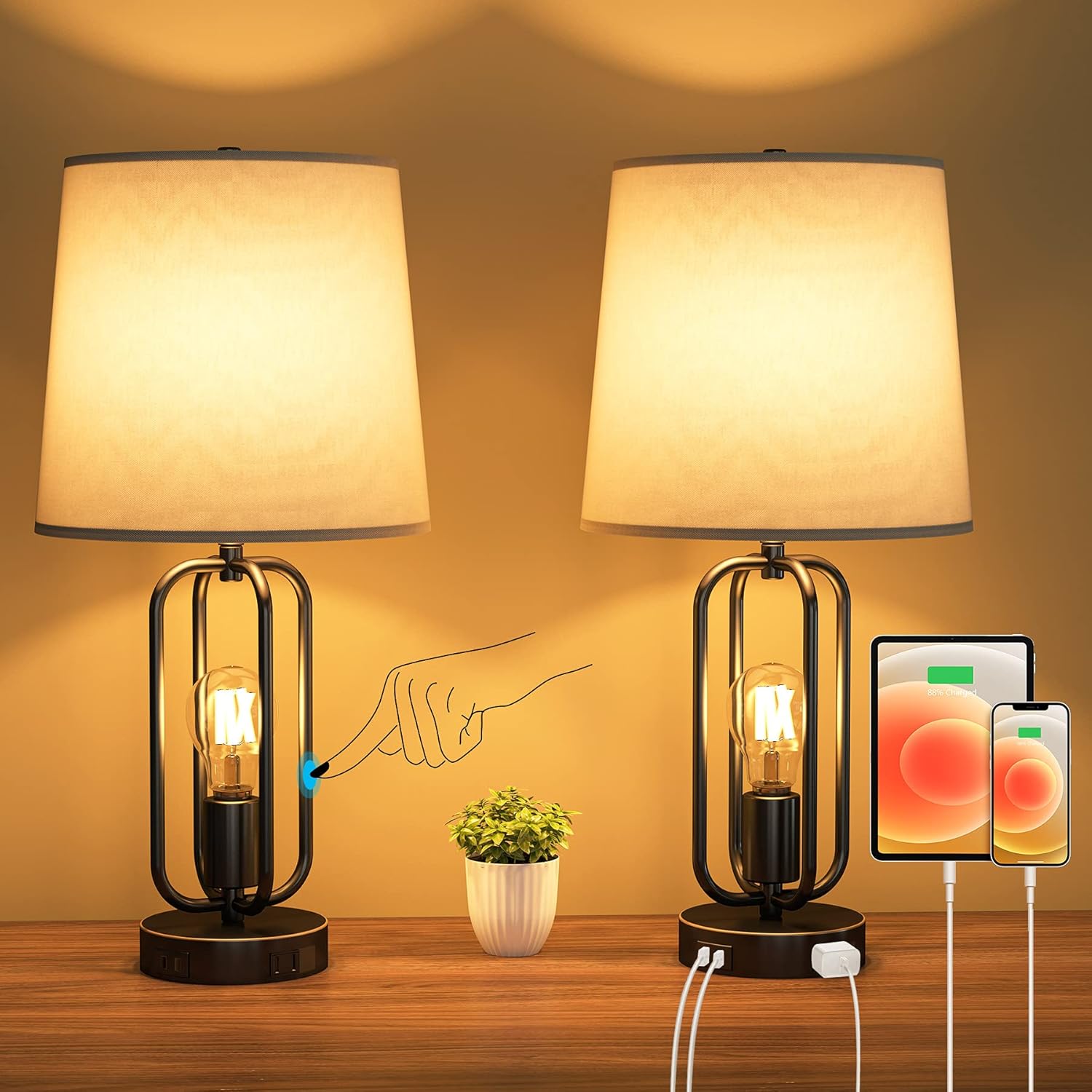 BYBLIGHT Table Lamps Set of 2 Industrial Touch Control Desk Lamp with 2 USB Ports and AC Outlet, 3-Way Dimmable Modern Farmhouse Bedside Nightstand Lamps for Living Room Bedroom, LED Bulbs Included