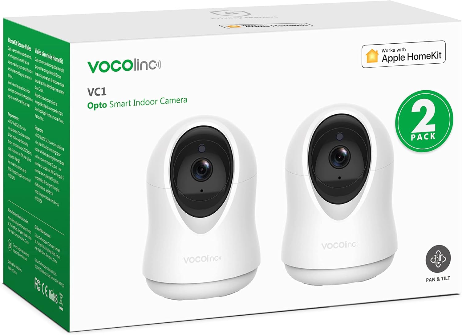 VOCOlinc Security Camera, HomeKit ONLY,1080P Smart Home Camera in Privacy Mode, Indoor Pan/Tilt IP Camera with Night Vision, 2-Way Audio, Live Video and Motion Detection (1Pack) Pack of 2