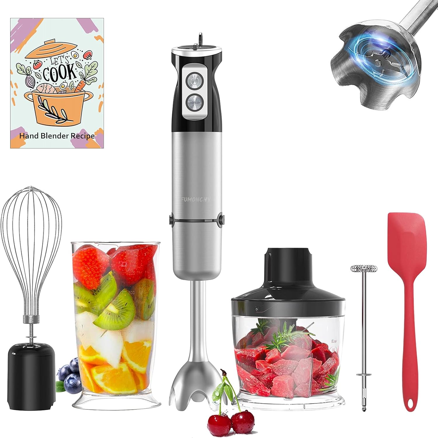 FUMONCHY Immersion Blender, Multifunctional 800W Hand Blender for Baby Food Sauces Soup, Stick Blender with 500ml Food Grinder,600ml Container, Milk Frother, Egg Whisk, Silicone Spatula,BPA-Free Pack of 2