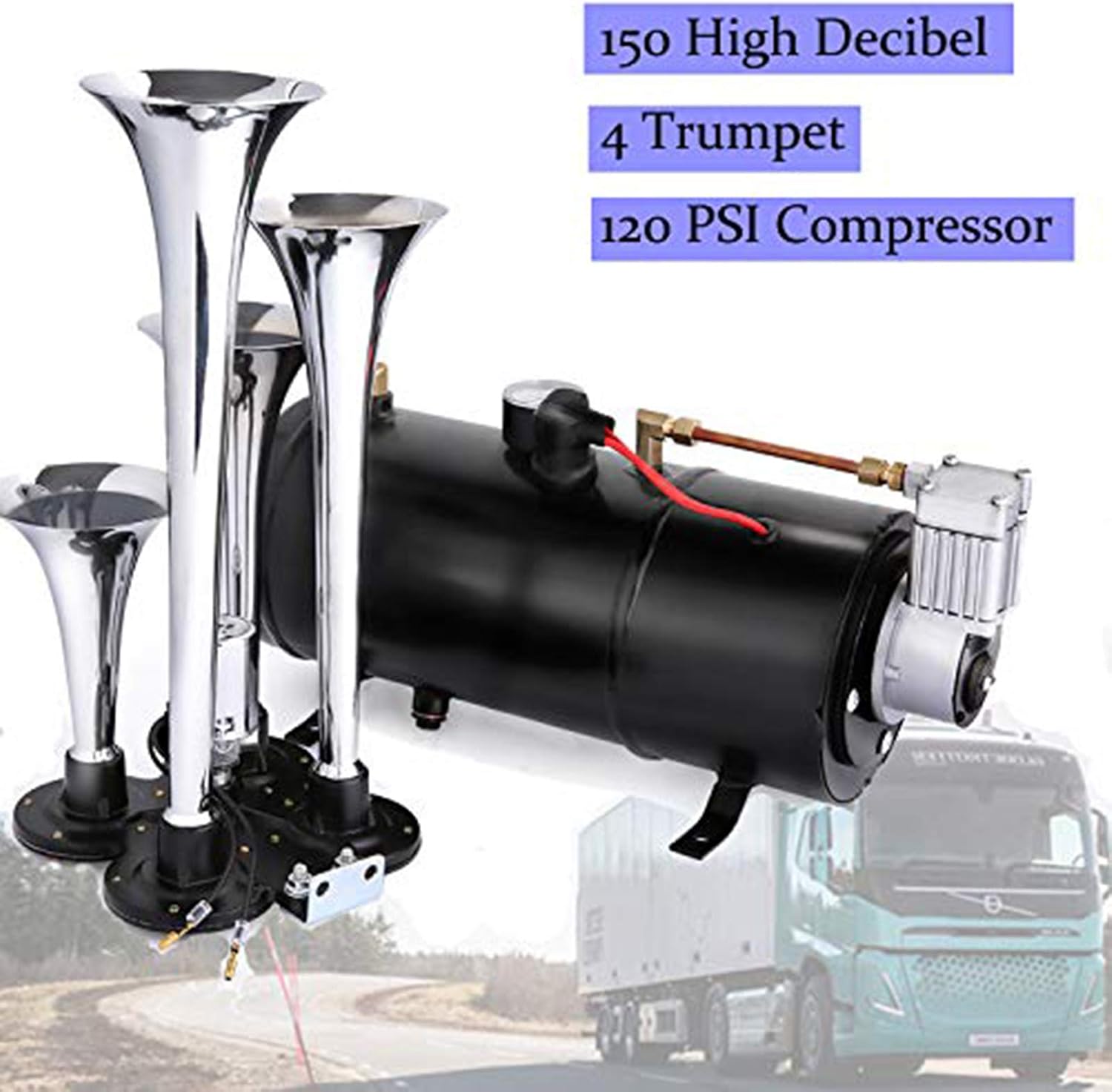 Train Air Horn Kit, 150DB Loud Train Horns Kit, 4 Trumpet Train Horn for Almost Any 12V Vehicle Trucks Car Boat Vans with 120PSI Air Compressor(Black)