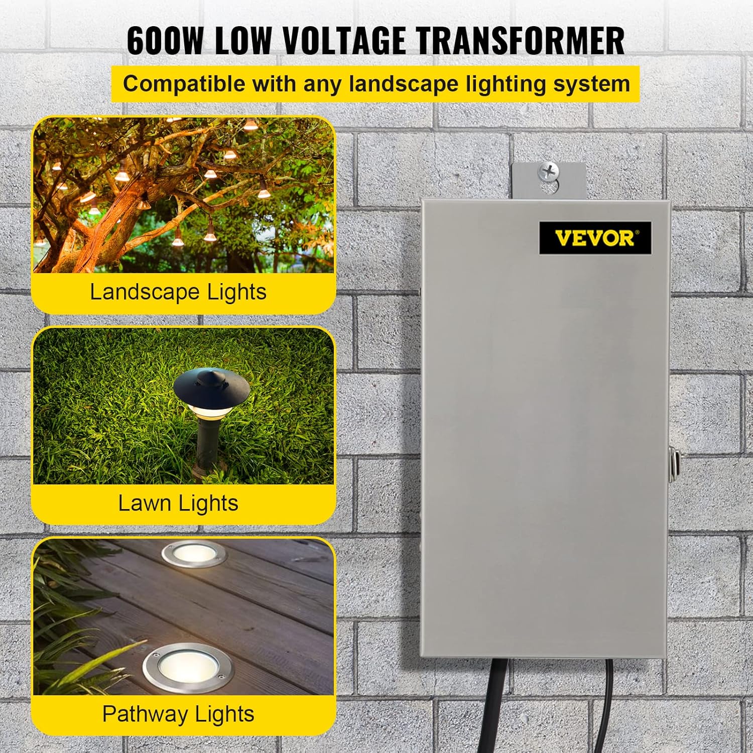 VEVOR Multi-Tap Low Voltage Transformer, 600W 120V AC to 12V/13V/14V/15V AC, Heavy-Duty Weatherproof Stainless Steel Landscape Transformer with Digital Timer Photocell Sensor, for Landscape Lighting