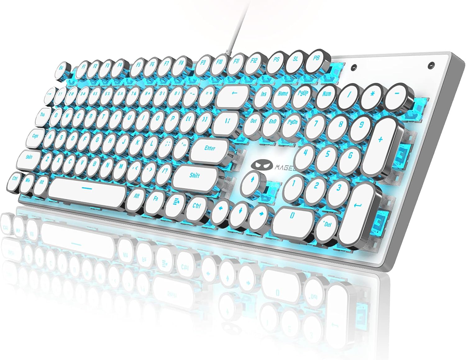 Typewriter Style Mechanical Gaming Keyboard, White Retro Punk Gaming Keyboard with Blue Backlit, 104 Keys Blue Switch Wired Cute Keyboard, Round Keycaps for Windows/Mac/PC
