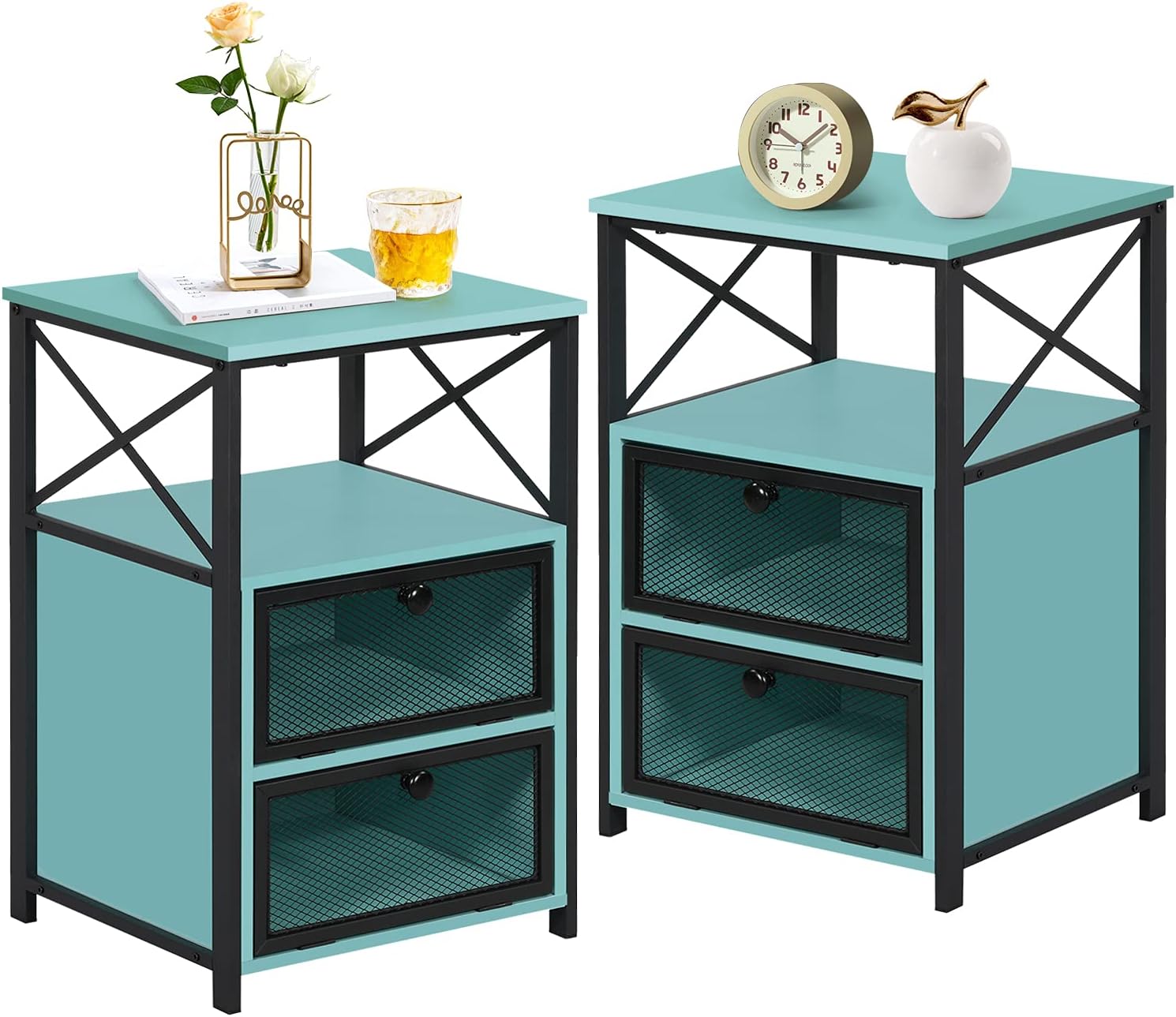 VECELO Modern Night Stand End Side Table with Storage Space and Door, Nightstands with Flip Drawers for Living Room,Bedroom,Lounge,Set of 2, 2 Set, Antique Black