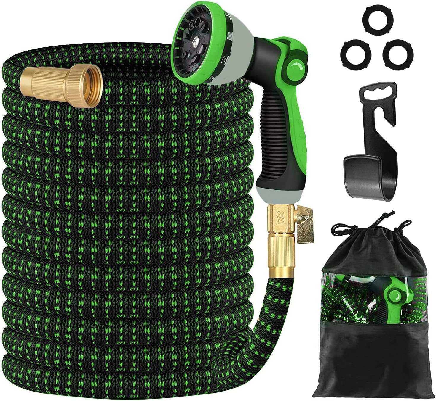 INPO 150FT Expandable Garden Hose with Triple Latex Core, 34 Solid Metal Fittings, Extra Strength Fabric - Magic Water Hose with 10 Function Nozzle(Black & Blue, 150FT) Pack of 2