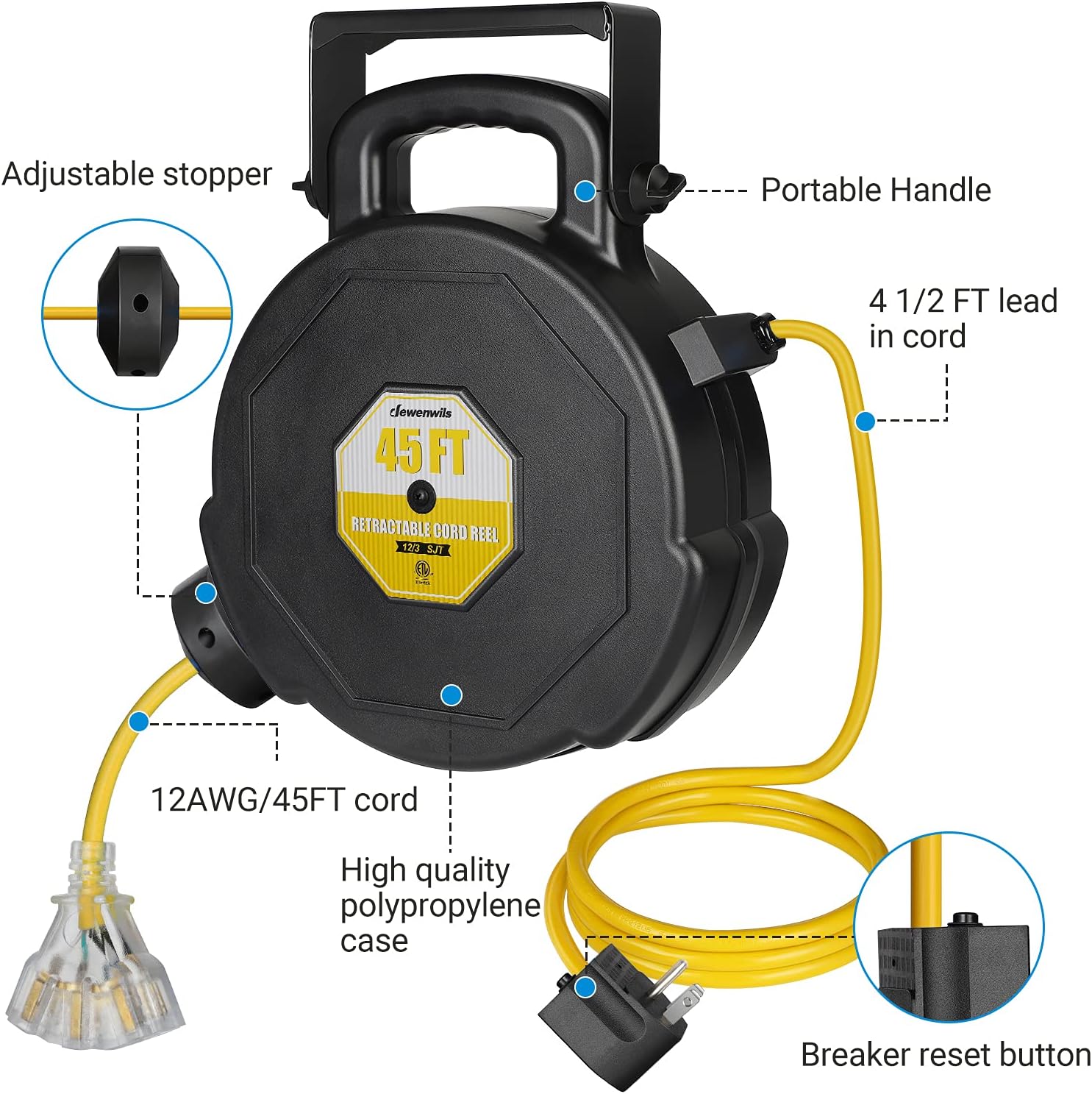 DEWENWILS Retractable Extension Cord Reel, 45FT Heavy Duty Power Cord, Electrical Cord Reel with Lighted Triple Tap, 12/3 SJT, 15A Circuit Breaker, Wall/Ceiling Mountable, Portable Handle, ETL Listed Pack of 2