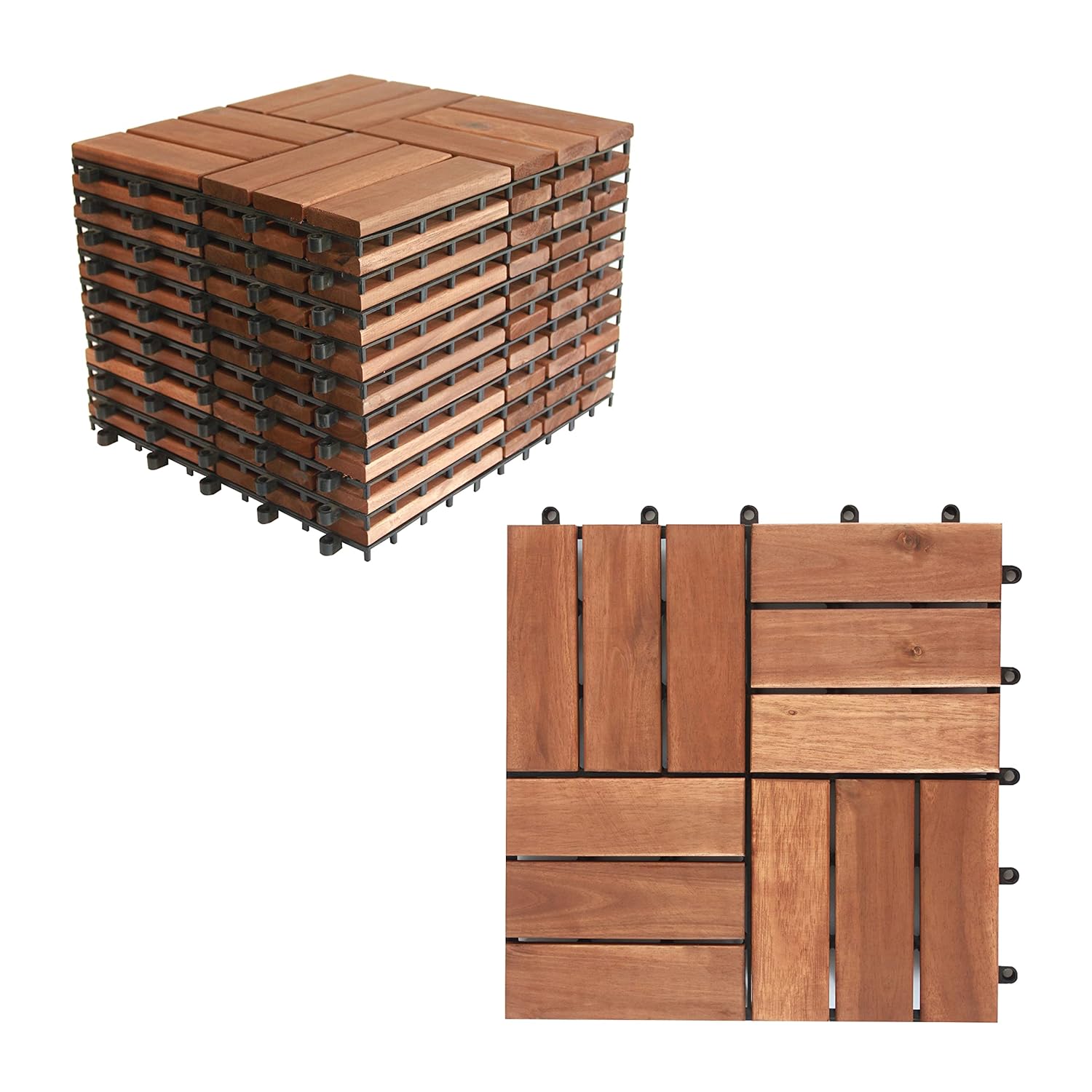Interlocking Acacia Wood Deck Tiles,Box of 10 12 in x 12 in each,waterproof all weather,patio tiles,balcony flooring,backyard flooring,outdoor shower mat,portable dance floor,12 slats,10 Sq ft,NATURAL