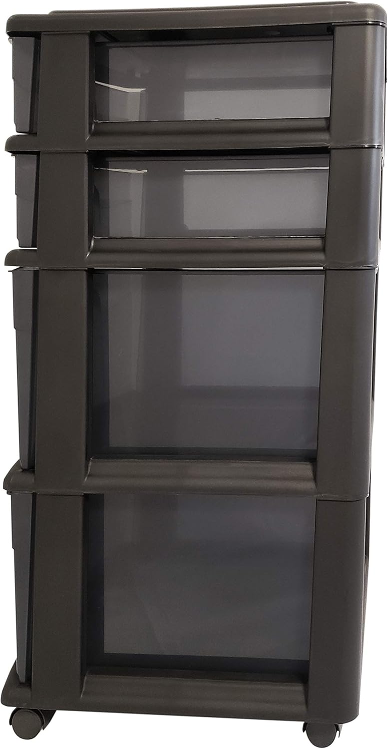 Plastic 4 Drawer Medium Cart, Black Frame with Smoke Tint Drawers, Casters Included Pack of 2