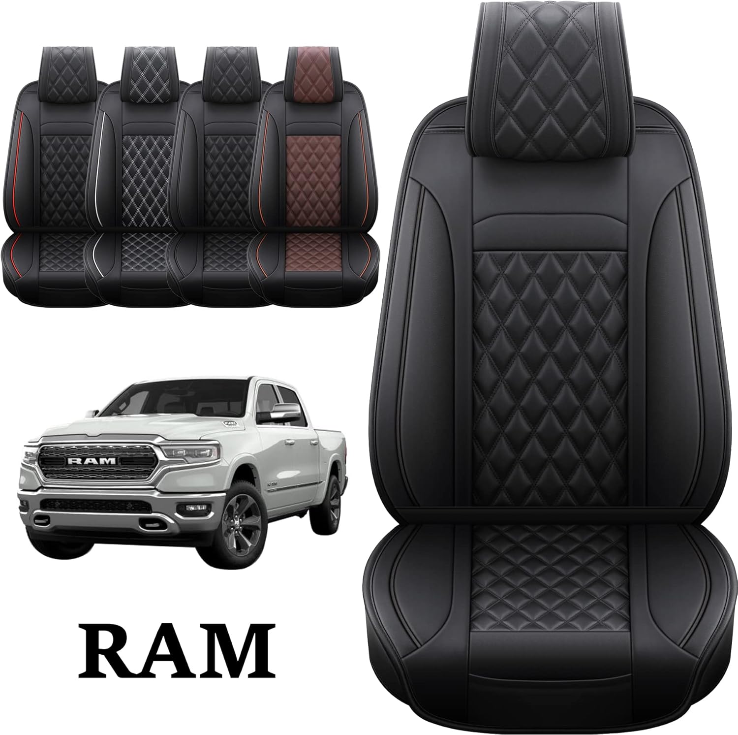 JOJOBAY Car Seat Covers for Dodge Ram,Fit 2009-2022 1500/2500/3500 HD Pick-up Truck,Crew,Regular,Quad,Mega Cab,Waterproof Synthetic Leather Seat Covers(5PCS-Full Set,Black-Red)