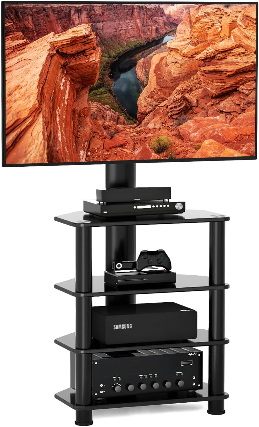 4-Tiers Media Component TV Stand with Swivel Mount Audio Shelf and Height Adjustable Bracket, Black Floor TV Stand for 32 37 39 40 42 43 47 50 55 inch LCD LED OLED Flat/Curved Screen TVs