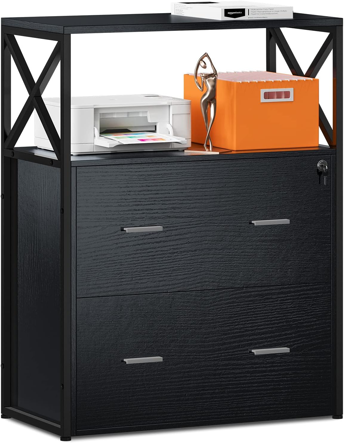 Raybee Filing Cabinet Wood Office Storage File Cabinet with Lock and Big Drawers for 7 Different Hanging Combinations of Letter Size, A4 and Legal Size File Folders, 31.5” L X 15.8”W X 40.6”H (Black)