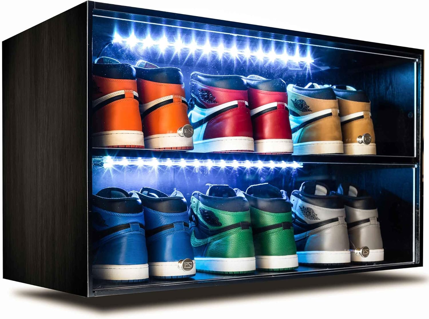 Sneaker Throne Shoe Rack with Lights for Up to 6 Pairs of Shoes, Black - Sleek Wood Shoe Shelf with Sliding Doors for Bedrooms, Outdoors, Garages - Premium Shoe Organizers and Storage for Closets
