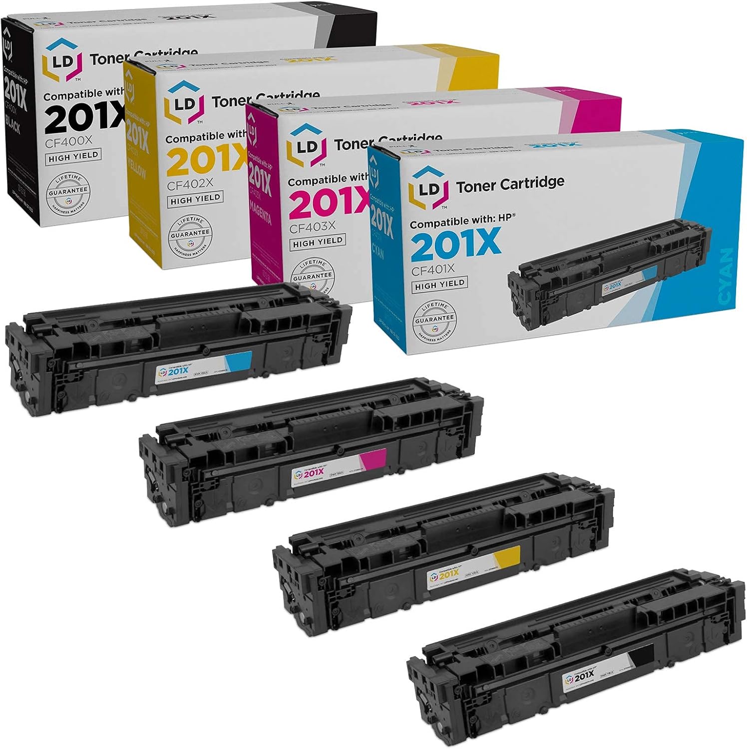 LD Compatible Replacements for HP 201X Set of 4 High Yield Toner Cartridges: 1 CF400X Black, 1 CF401X Cyan, 1 CF402X Yellow, and 1 CF403X Magenta Pack of 2