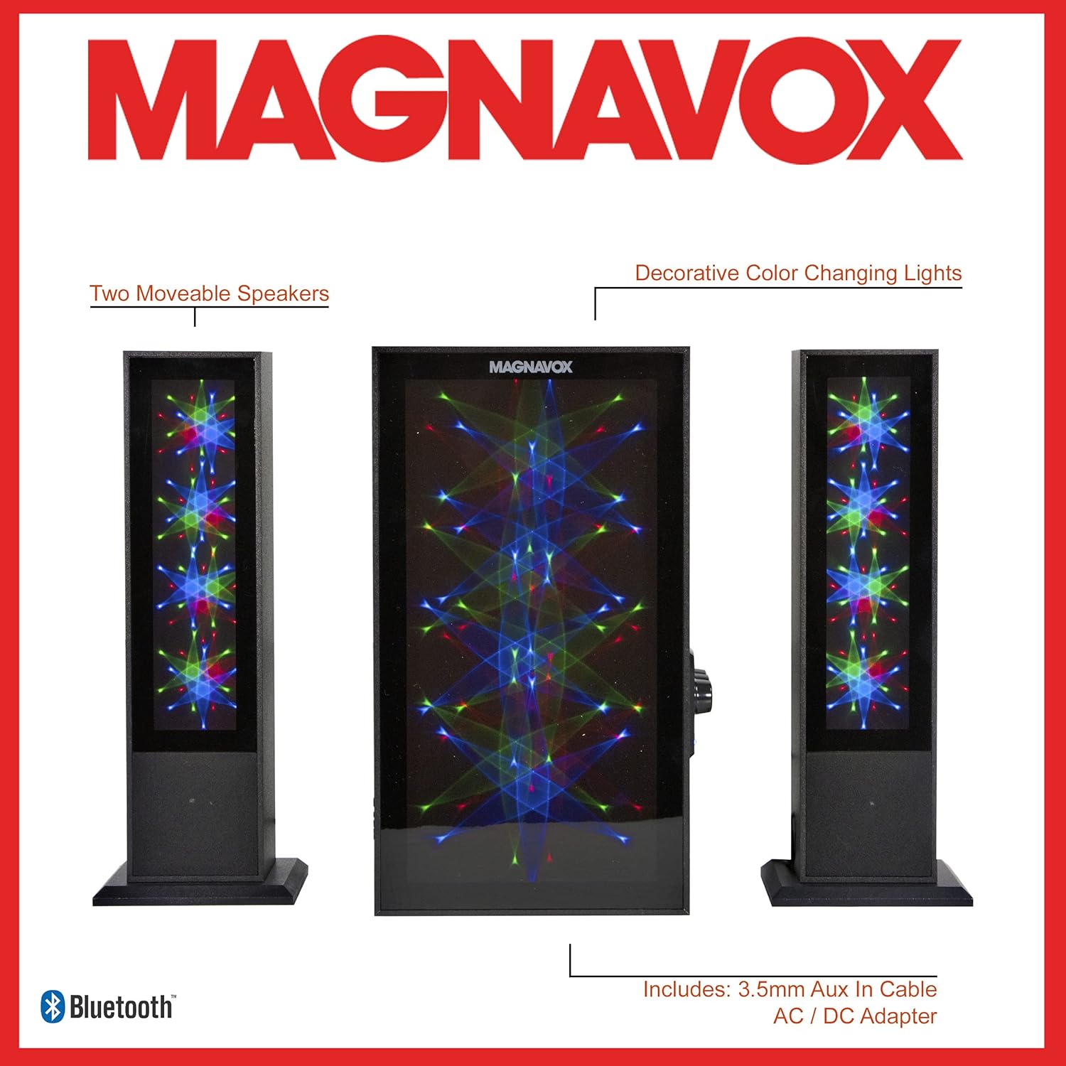 Magnavox MHT990 2.1 Home Entertainment System with Bluetooth Wireless Technology and Color Changing Lights in Black | AUX Port | Subwoofer with 2 Speakers | Pulsing Lights | Pack of 2