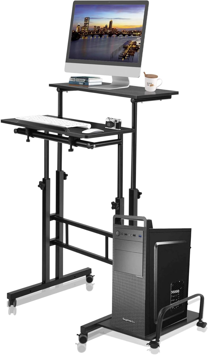 YAKEY Mobile Standing Desk, Height Adjustable Desk with Lockable Wheels Computer Workstation, Rolling Desk Laptop Cart for Standing or Sitting, with a Bottom Storage Shelf, Black