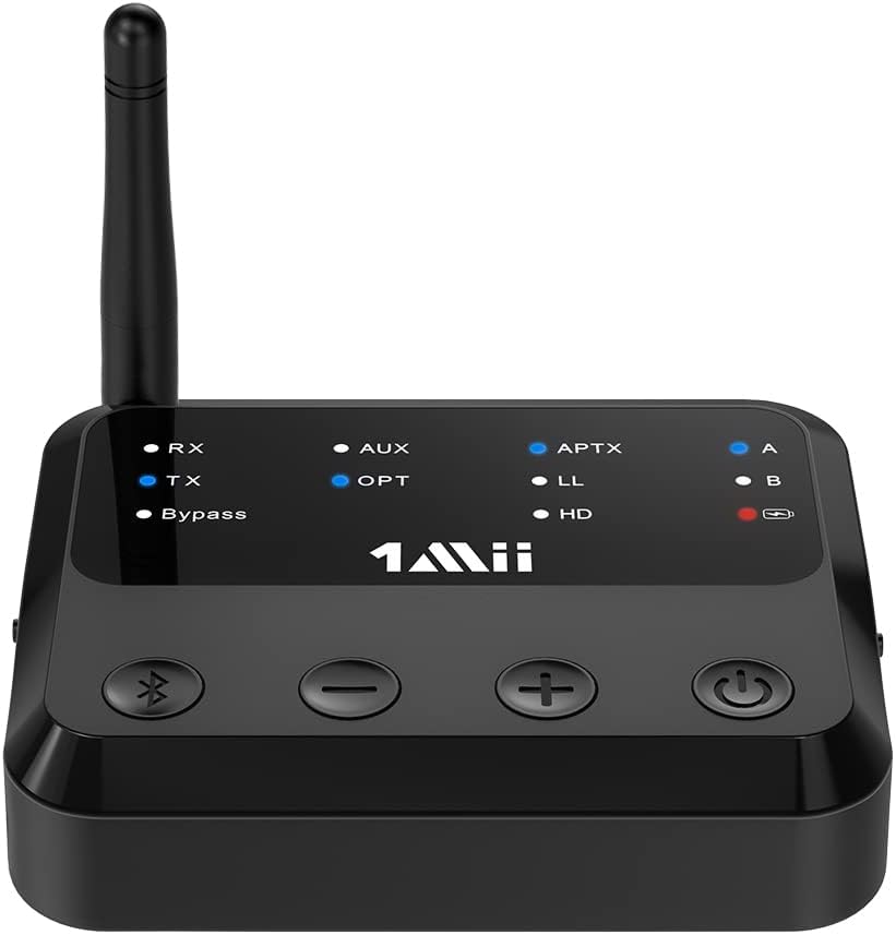[Upgraded] 1Mii B310 Long Range Bluetooth Receiver Adapter for Home Stereo, Bluetooth Transmitter Splitter for TV/BT Headphones, aptX Low Latency & HD, Optical Aux RCA Audio Outputs/Inputs Pack of 2