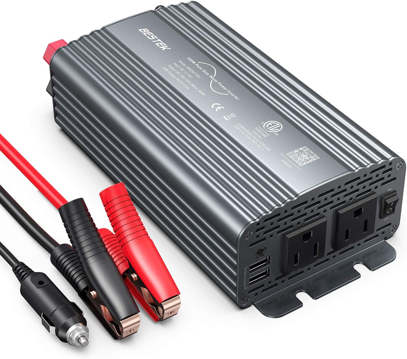 BESTEK 500W Pure Sine Wave Power Inverter DC 12V to AC 110V Car Plug Inverter Adapter Power Converter with 4.2A Dual USB Charging Ports and 2 AC Outlets Car Charger, ETL Listed Pack of 2