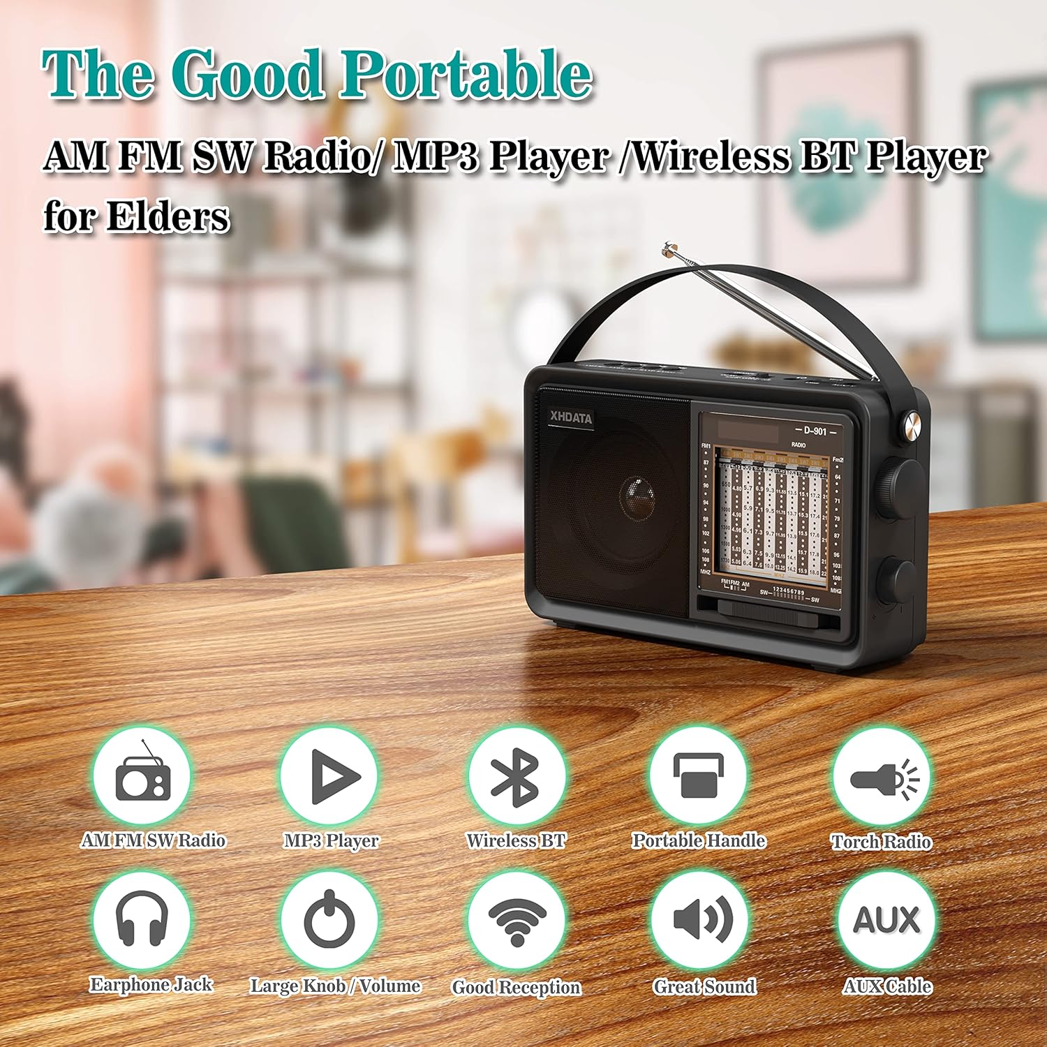 XHDATA D-901 Shortwave Radio AM/FM/SW Analog DSP Radio Transistor Radio with Good Reception Battery Operated Or AC Power USB/TF MP3 Player and Wireless BT Play with Large Knob Good for Parents, Elder
