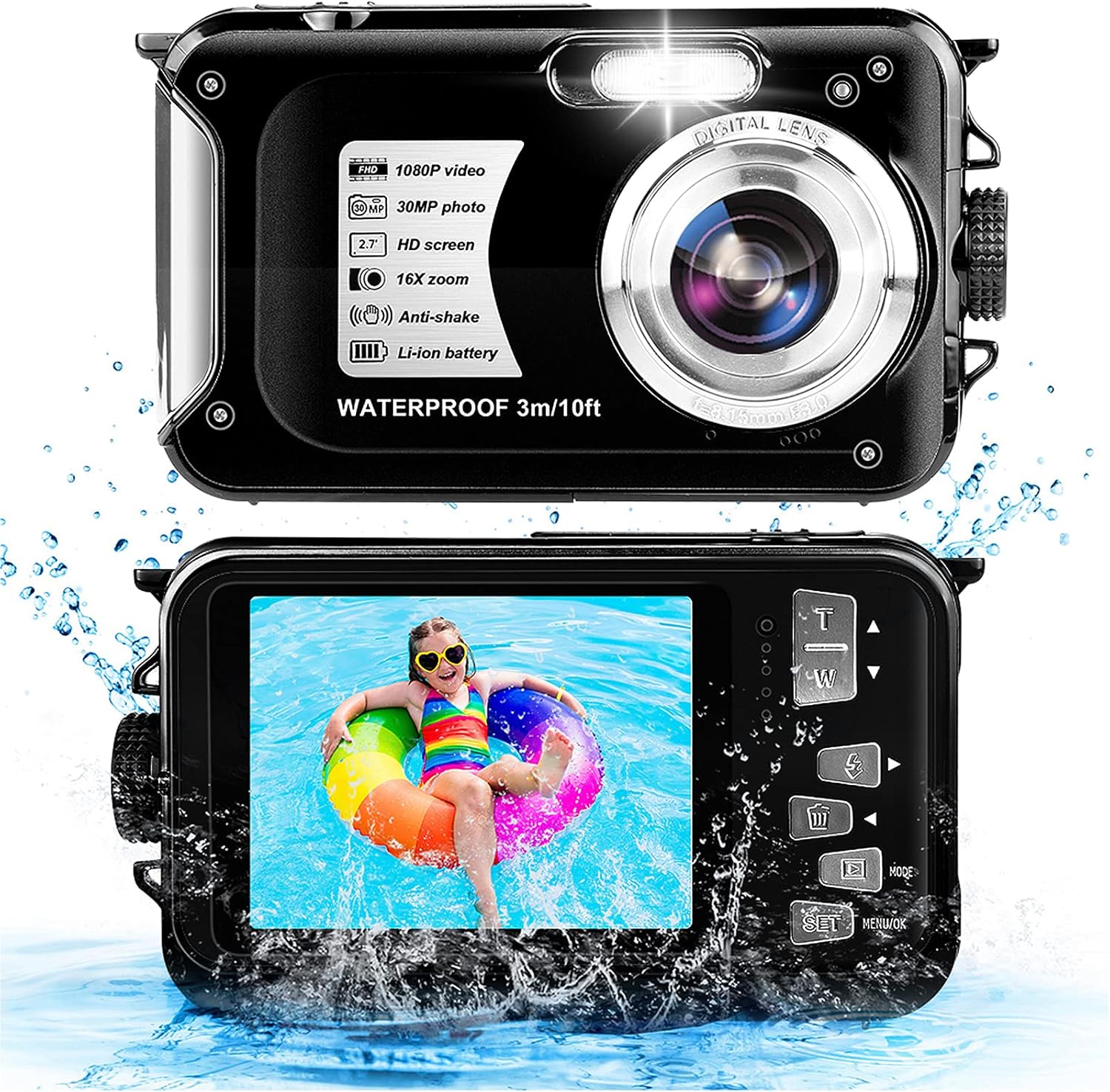 FUNSHION Waterproof Camera 1080P Full HD 30MP Video Resolution Underwater Camera 10FT Anti-Shake 16X Zoom Digital Waterproof Camera for Snorkeling,Travel (Blue) Pack of 2