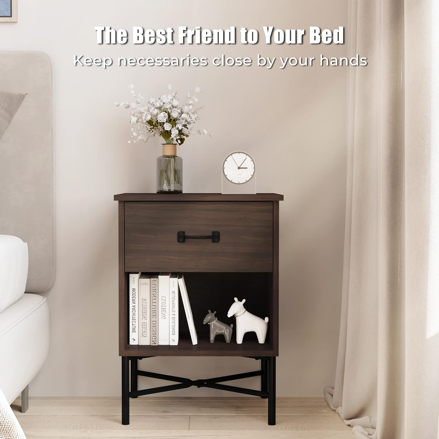 HAIOOU Nightstand, 2-Tier End Table Retro Accent Bedside Nightstand Table with Wood Drawer, Expanded Storage Shelf and X-Frame Legs for Home, Bedroom, Living Room - Walnut Brown & Matte Black