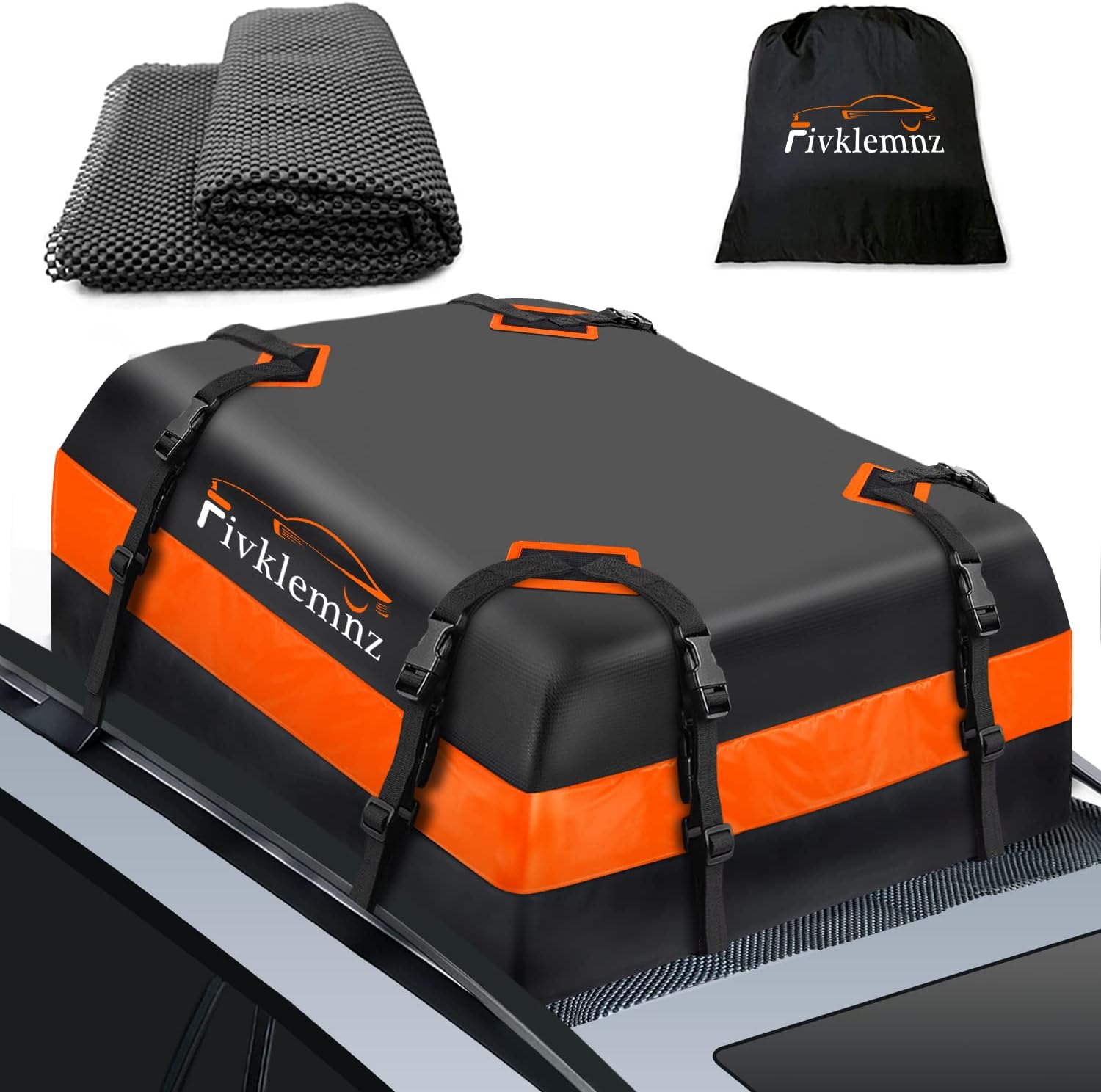 FIVKLEMNZ 15 Cubic Car Roof Bag Cargo Carrier, Waterproof Rooftop Cargo Carrier with Anti-Slip Mat + 8 Reinforced Straps + 4 Door Hooks, Suitable for All Vehicle with/Without Rack