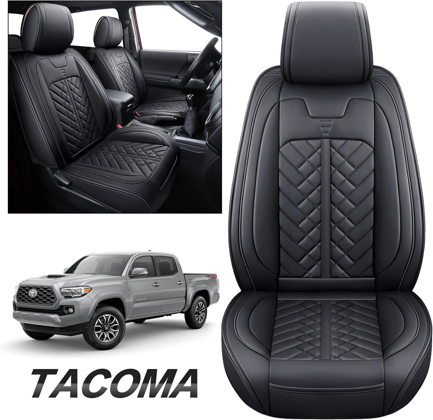 Tomatoman Toyota Tacoma Seat Covers for 2005-2022 TRD Pro Trail Edition Off Road Limited SR5 V6 Crew Double Cab Truck Waterproof Leather Car Cushions(2 PCS Front/Black)
