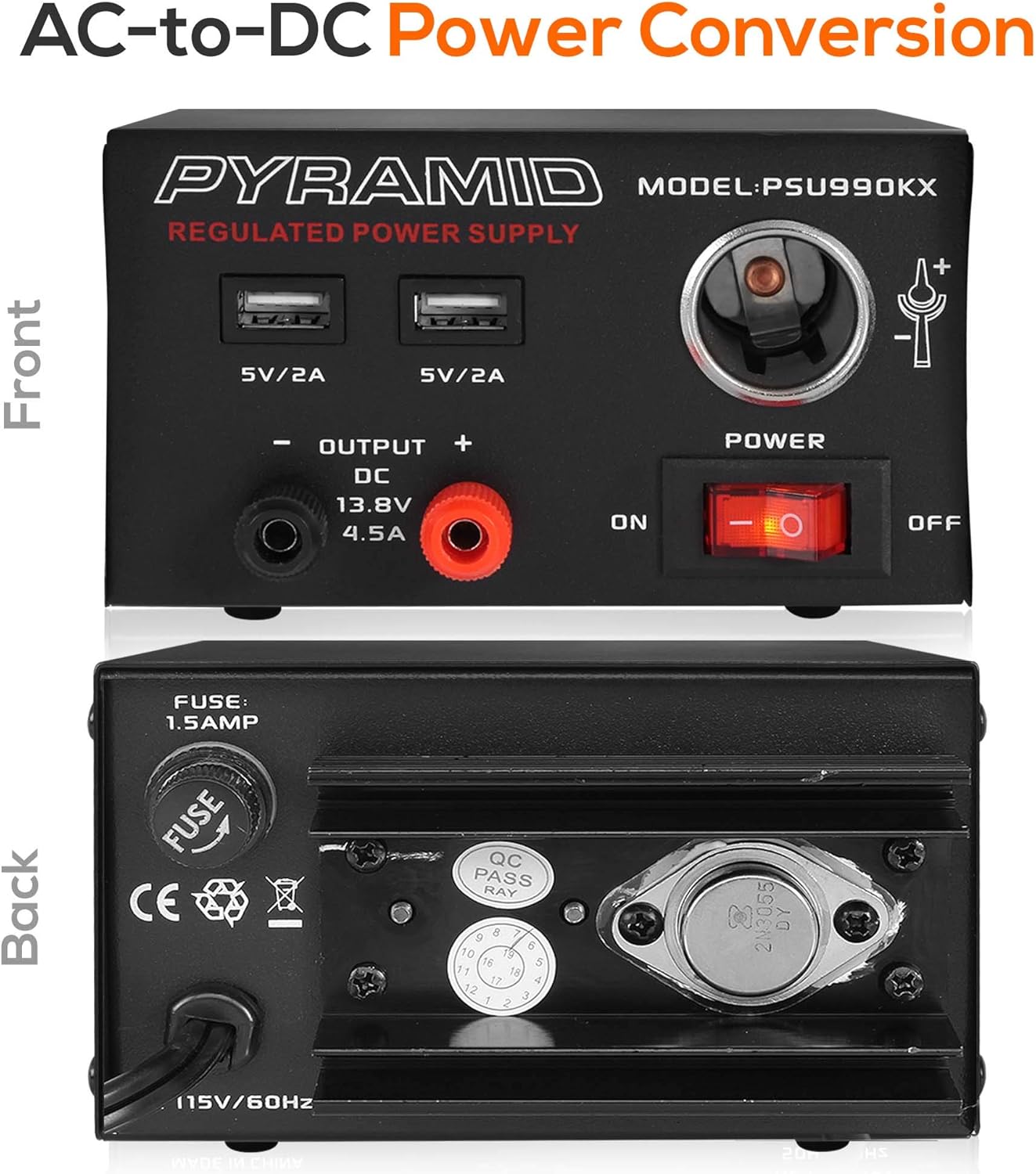Universal Compact Bench Power Supply - 7 Amp Regulated Home Lab Benchtop AC-DC Converter Power Supply for CB Radio, HAM w/ 13.8 Volt DC 120V AC Supply, Dual USB, Cigarette Lighter - Pyramid PSU990KX Pack of 2