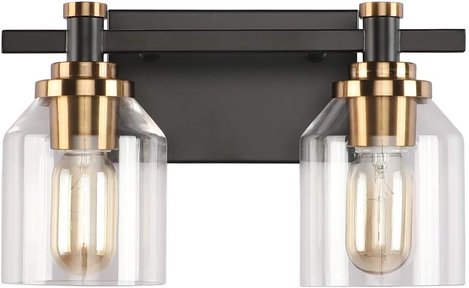 Create for Life&reg; 2-Light Bathroom Vanity Light,Industrial Wall Sconce Bathroom Lighting,Matte Black Finish,Brushed Bronze Copper Accent Socket,Clear Glass Shade