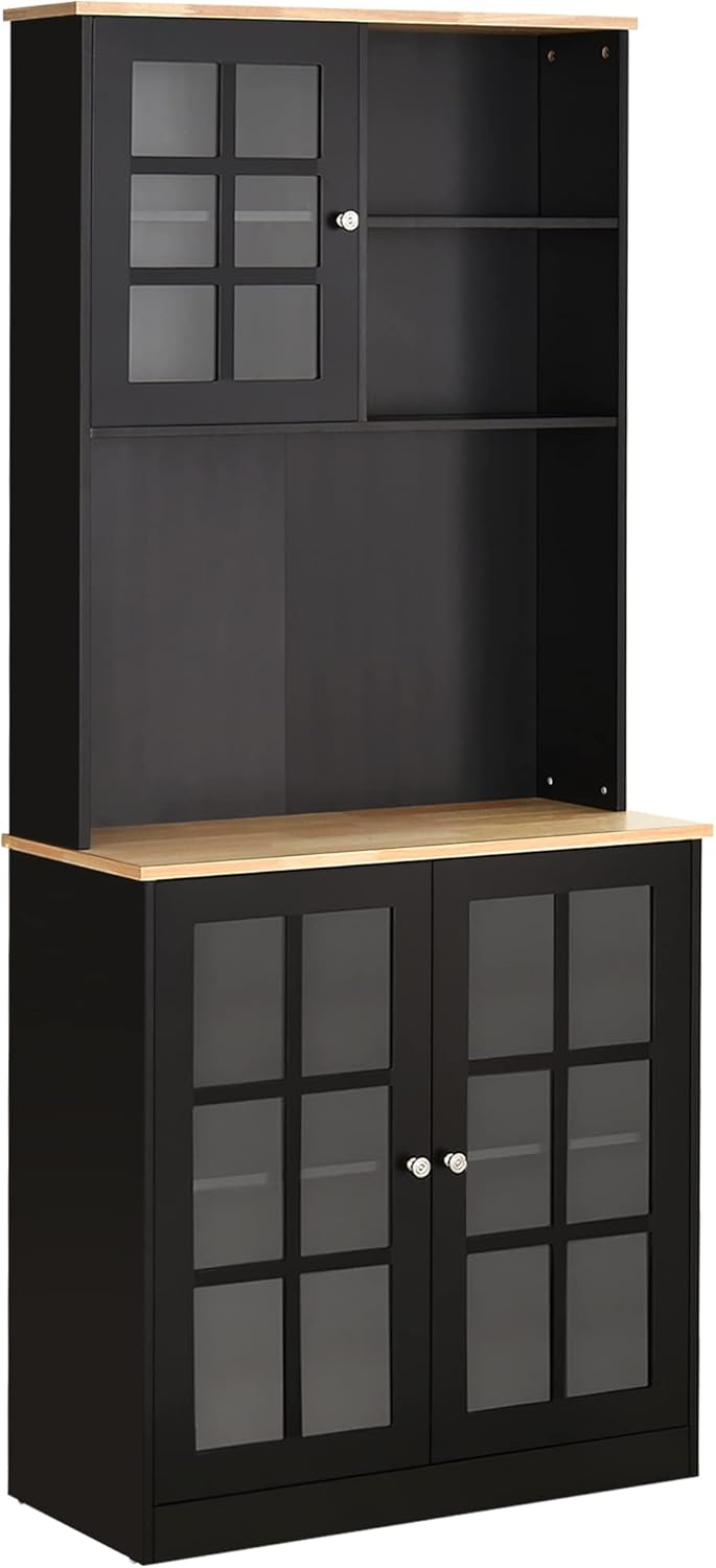 HOMCOM Kitchen Buffet with Hutch, Storage Pantry with 3 Cabinets, 2 Open Shelves and Large Countertop, Black