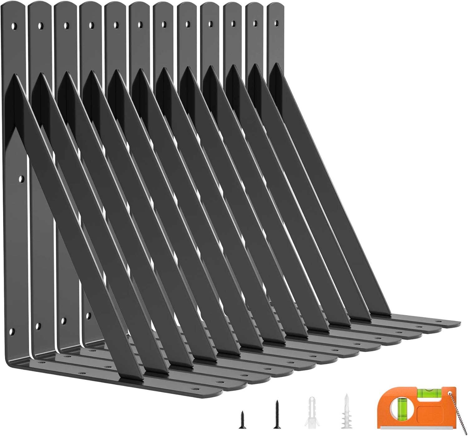 LuckIn 12-Pack Shelf Bracket 11 Inch for Floating Shelf, Heavy Duty Wall Mount L Bracket, 90 Degree Triangle Corner Bracket with Gusset-Black Pack of 2