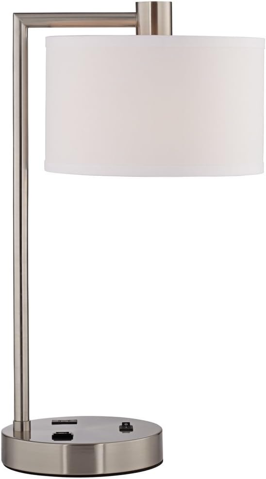 Colby Modern Desk Table Lamp with Hotel Style USB and AC Power Outlet in Base Brushed Nickel White Linen Drum Shade for Living Room Bedroom House Bedside Reading Home Office - 360 Lighting