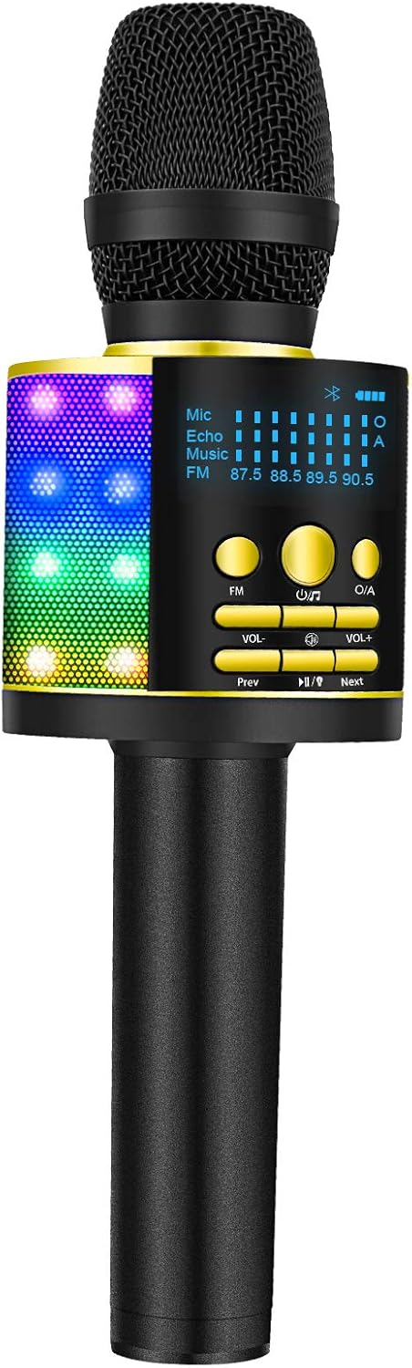 BONAOK Upgraded Bluetooth Wireless Karaoke Microphone with LED Screen, Portable Mic Sing Machine with Colorful Lights and Magic Sound, for Car Karaoke/All Smartphones(Gold)