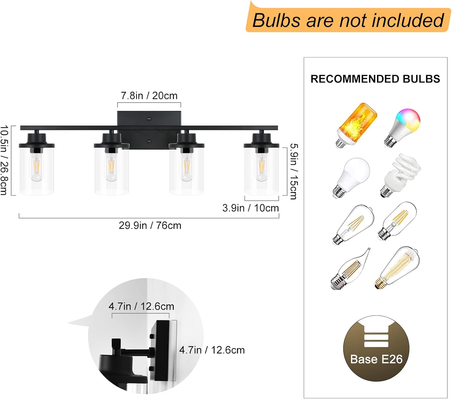 4-Light Bathroom Light Fixtures, TinHon Black Vanity Lights with Clear Glass Shade and Metal Base, Industrial Vintage and Farmhouse Wall Sconces for Hallway in Matte Black, Wall Mounted Lamp