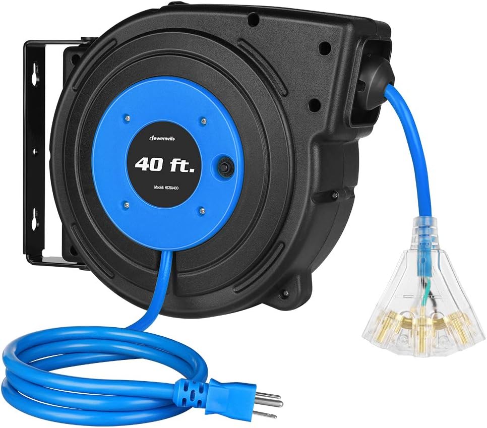DEWENWILS Retractable Extension Cord Reel, 40 FT Heavy Duty Power Cord, 12AWG/3C SJTOW, 3 Grounded Outlets Lighted Triple Tap, 15 Amp Circuit Breaker, UL Listed