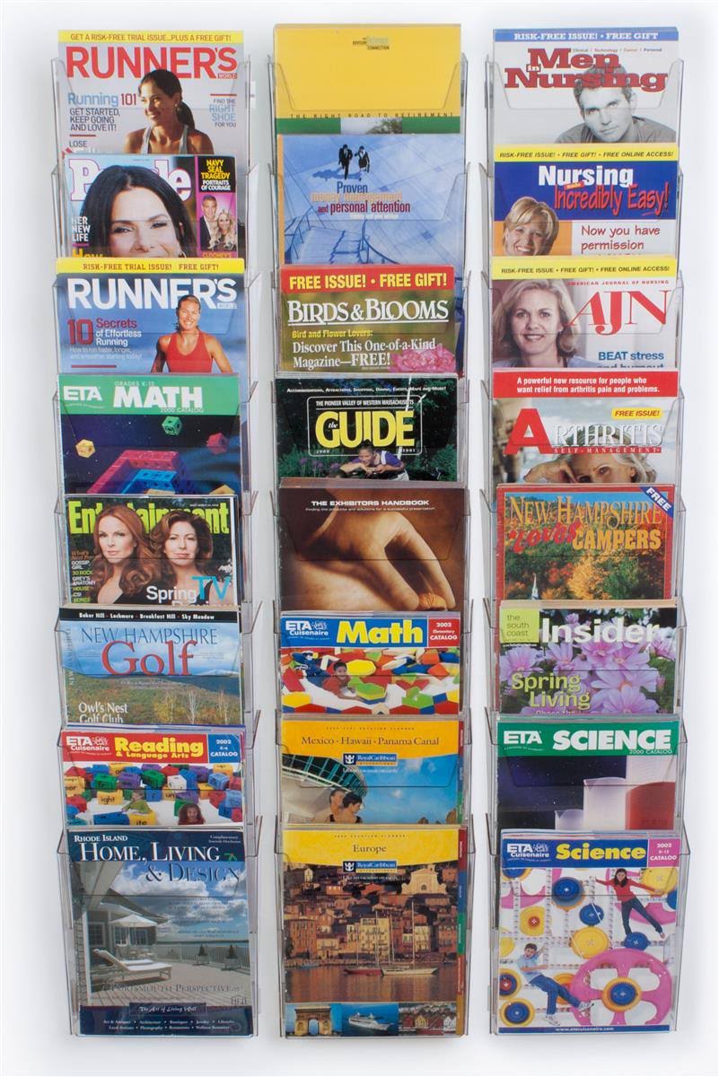 Tiered Magazine Rack for Wall Mount, 24 Half View Pockets for 8.5 inch x 11 inch Catalogs, Clear Plastic (2uprm9hfx3)