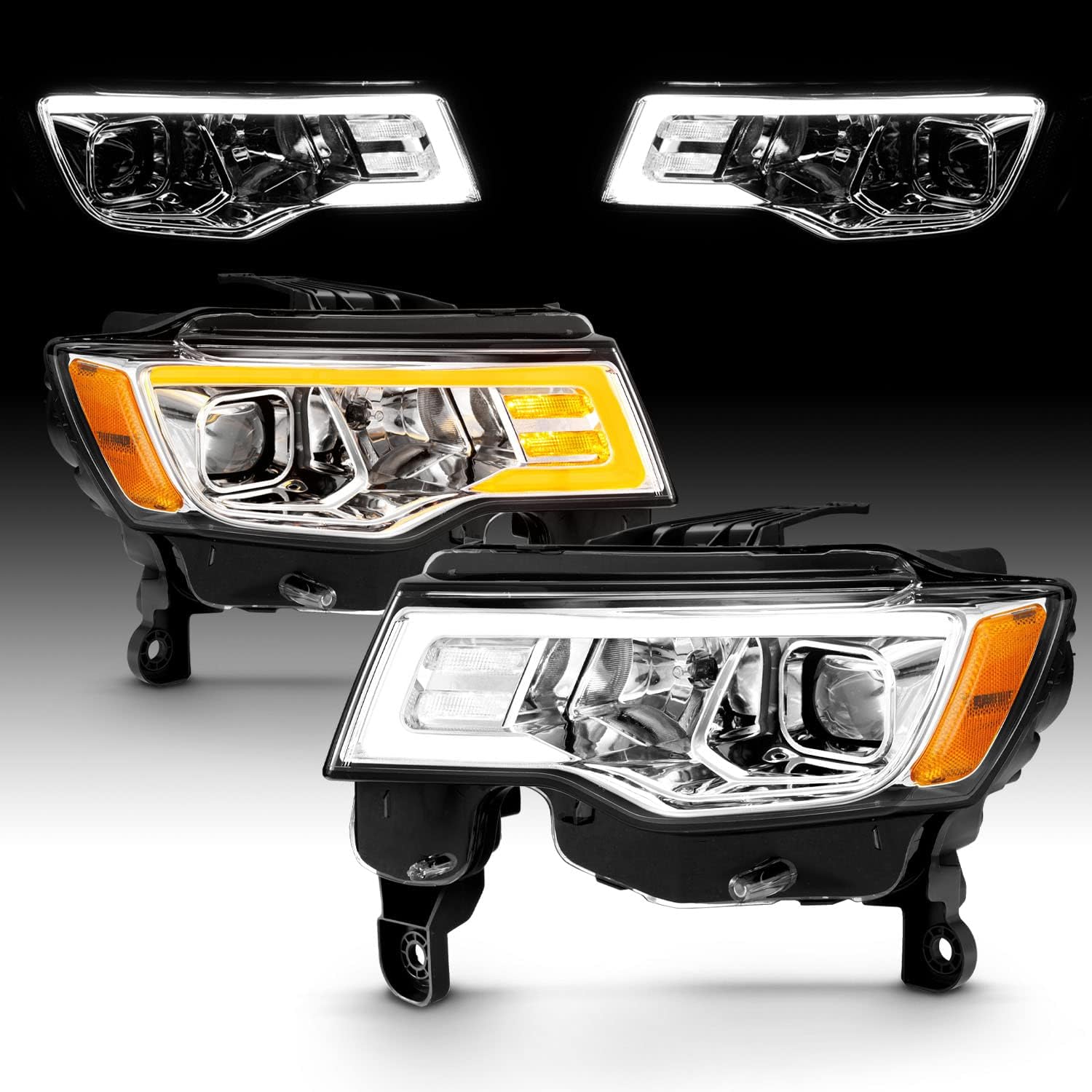 AmeriLite for 2017 2018 2019 Jeep Grand Cherokee Black Quad Projector Headlights w/LED Bar Switchback Set - Passenger and Driver