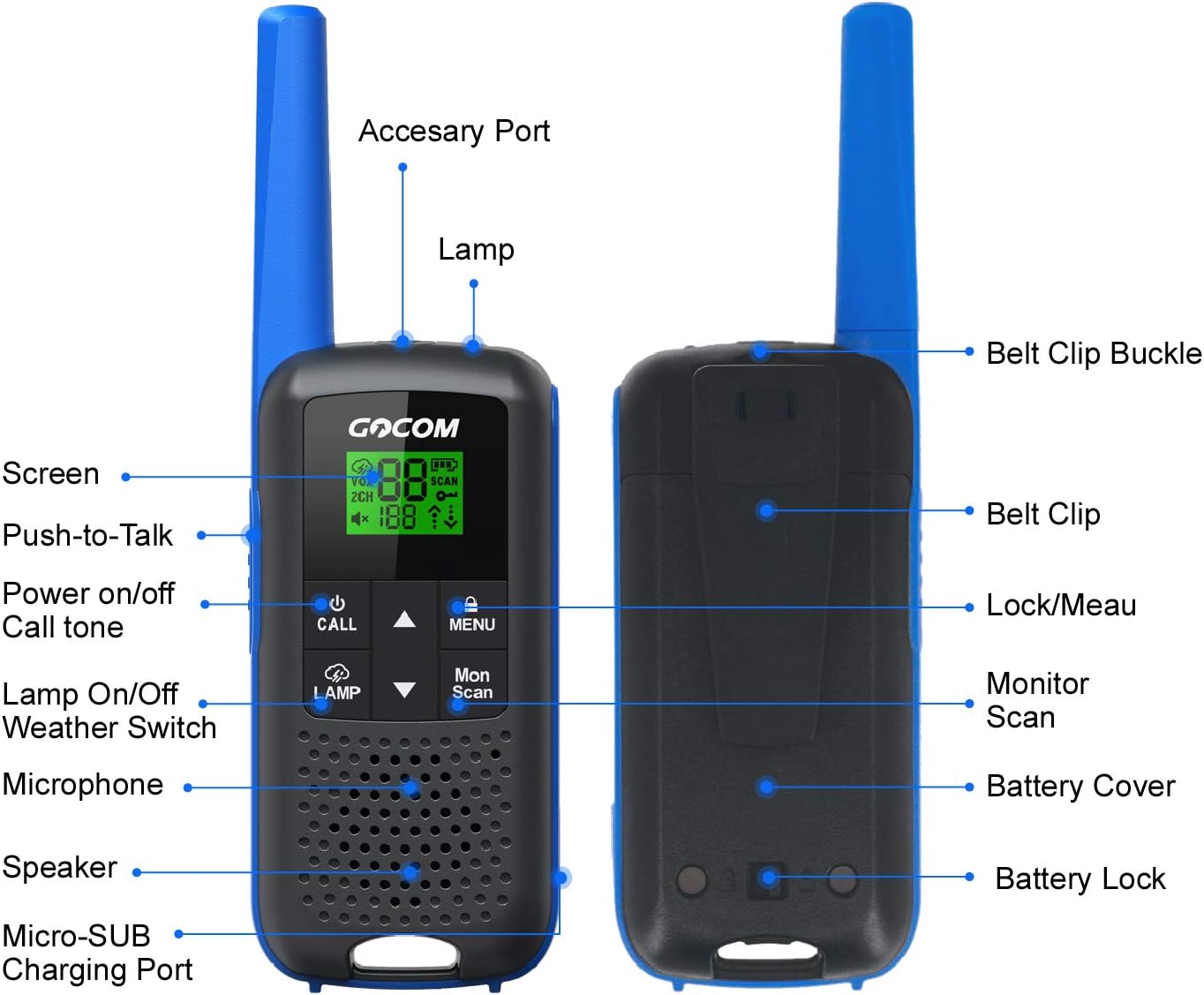 GOCOM G600 FRS Walkie Talkies for Adults Long Range Two Way Radio Rechargeable 8 Pack Hand held radios