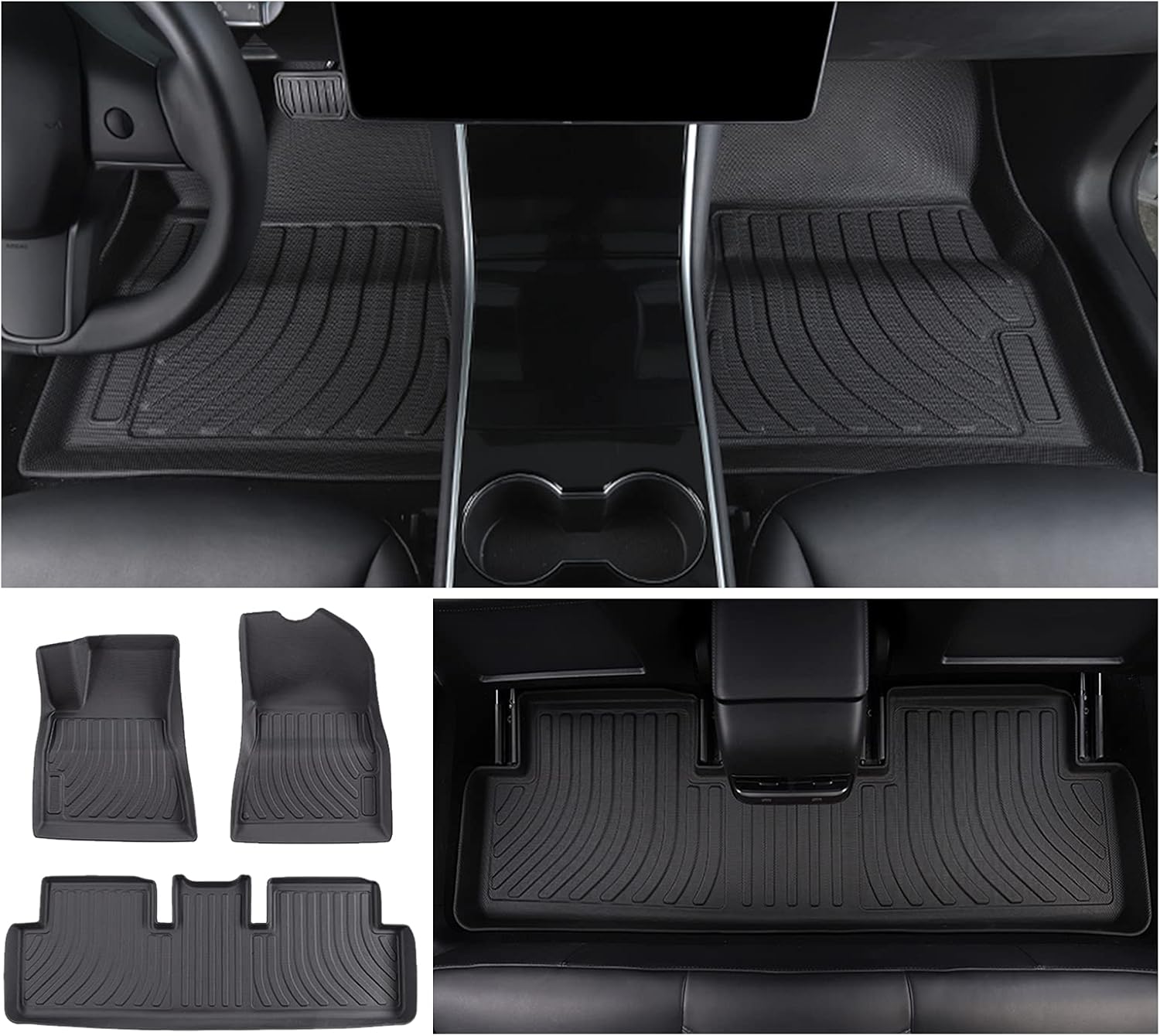 Upgrated RUIYA 3PCS Floor Mats for 2021+ Tesla Model3 Model 3 Trunk Liner Tray Cover Standard Fit All-Weather Protection Waterproof Protector Heavy Duty Rubber Mat Tesla Car Accessories