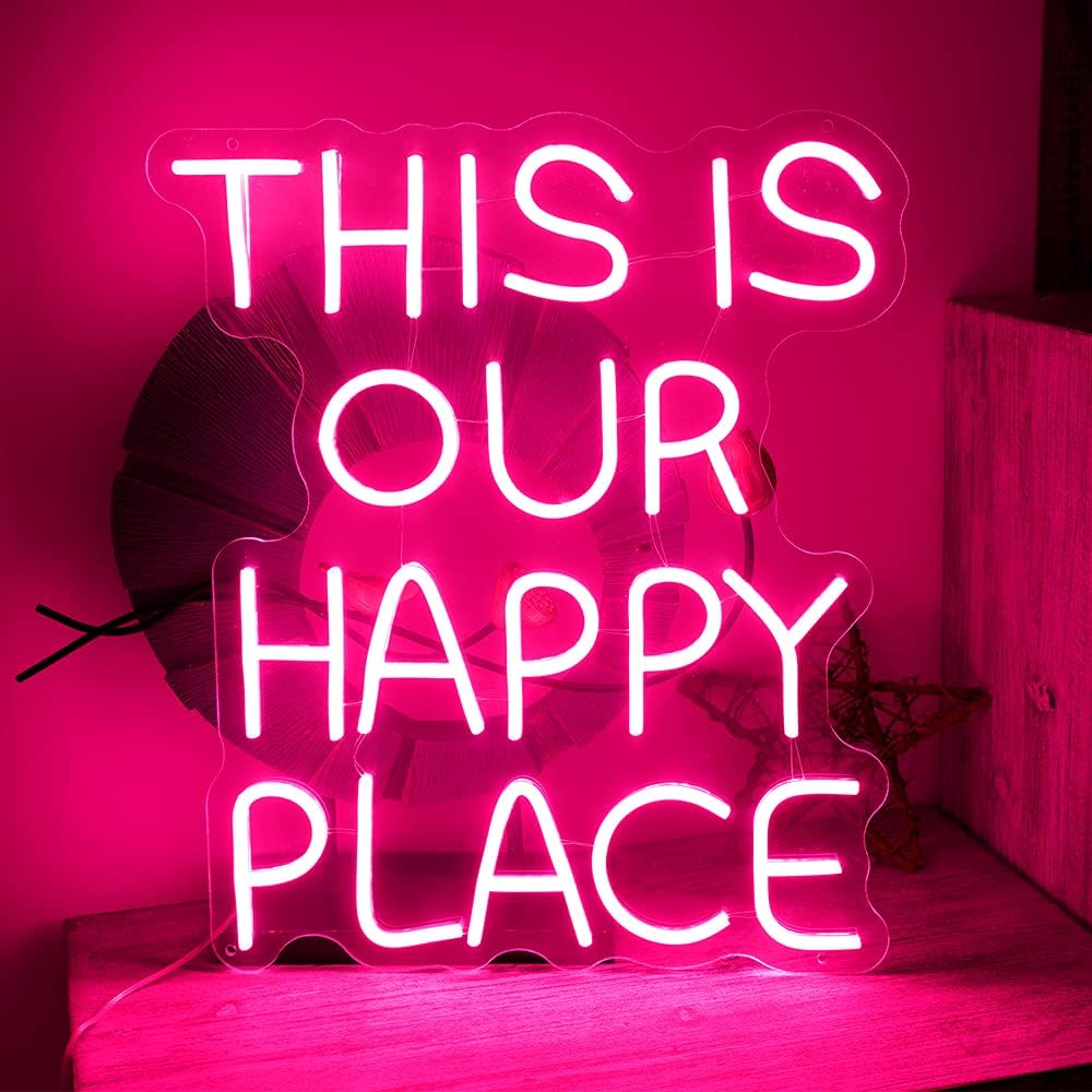 This is Our Happy Place Neon Signs-Transparent Acrylic with Dimmer Flex Lights Signs Indoor Bedroom Decor Wall LED Neon Sign 19.7×15.4 IN Bar Christmas Party Wedding Girl Boy Living Room Office Pink…