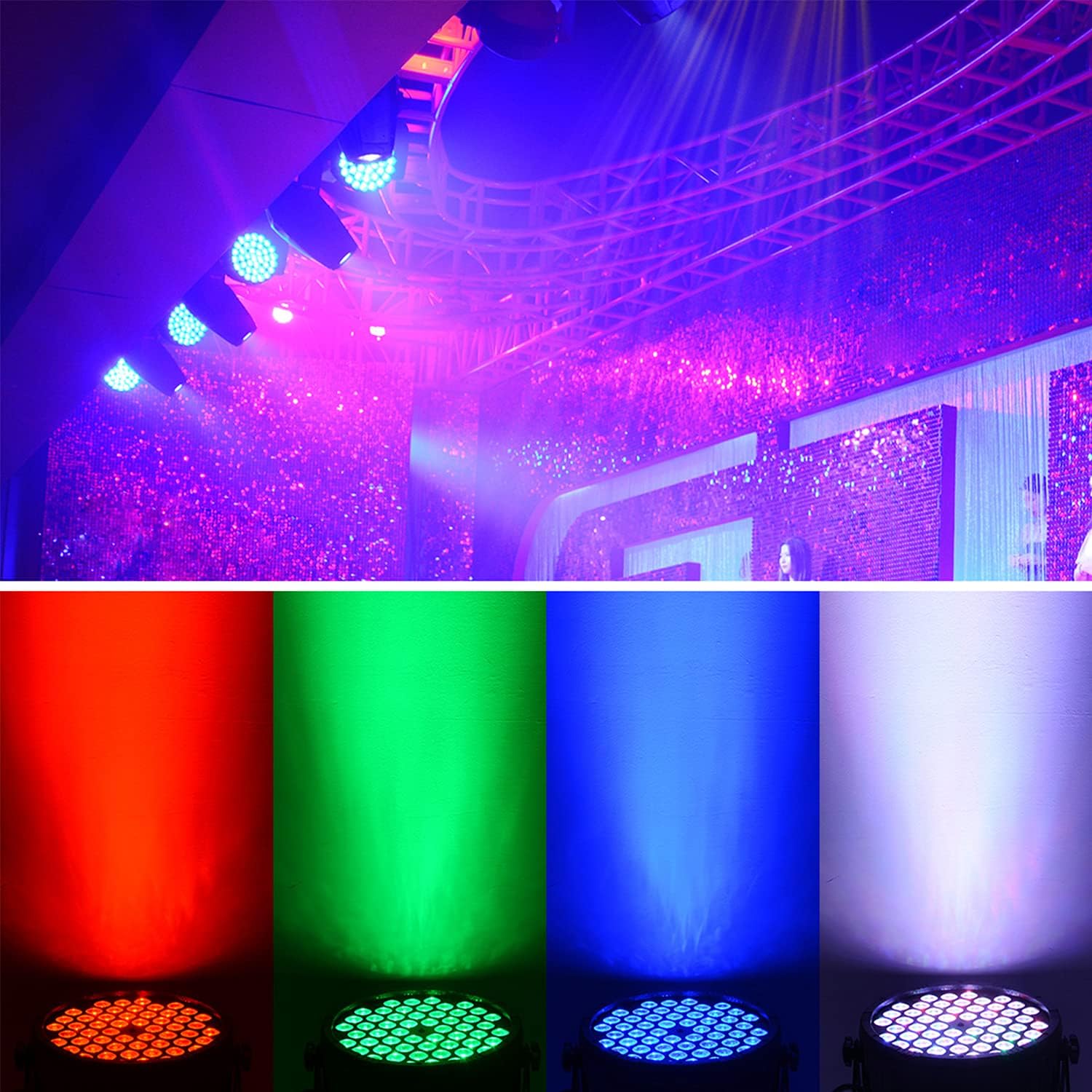 BETOPPER RGB Stage Lights 54 x 1.5W LED Par Lights, DMX DJ Lights Sound Activated, Mini Par Light & Wash Lights, Professional Stage Lights DMX for Church, Parties, Club, Bars, Band, Show - 4 Pack