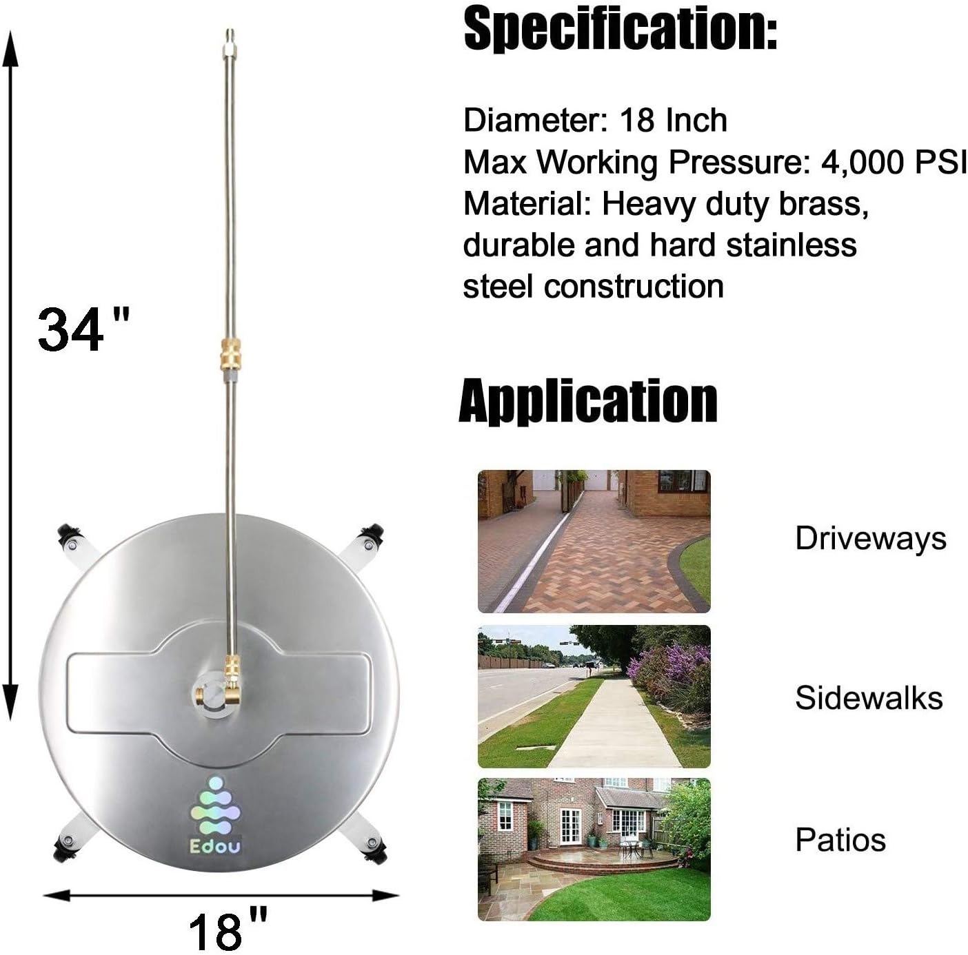 EDOU 18'' Pressure Washer Surface Cleaner Power Washer Attachment with 2 Extension Wand and 2 Replaceable Nozzles,4000 PSI