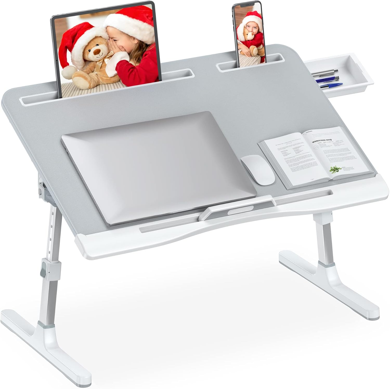 Bed Desk for Laptop, Adjustable Laptop Desk with Foldable Legs Storage Drawer Tablet Slot Removable Stopper, Portable Lap Desk for Writing Working Reading Eating (Large, Gray) Pack of 2