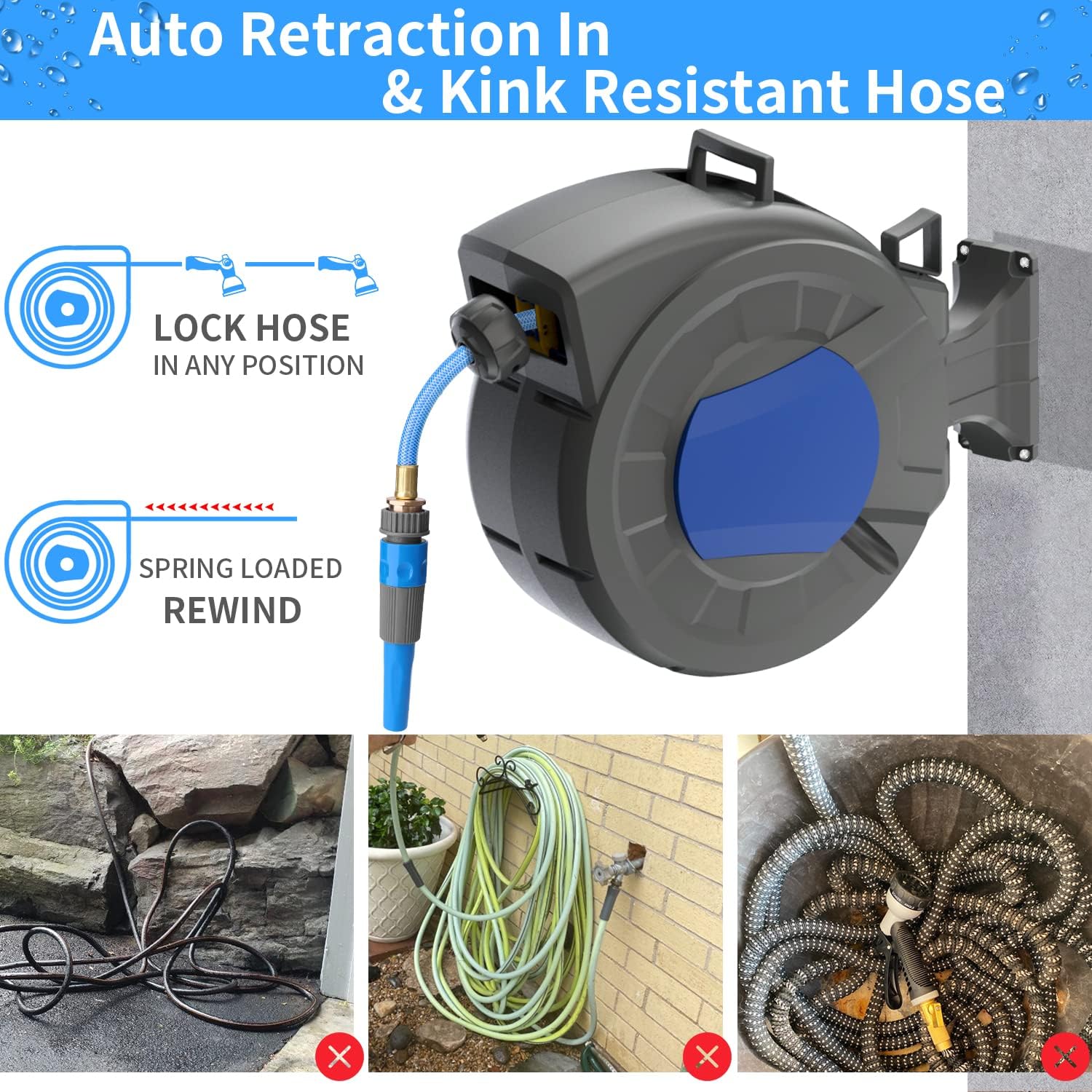 REDUCTUS Retractable Garden Hose Reel Wall Mount 1/2