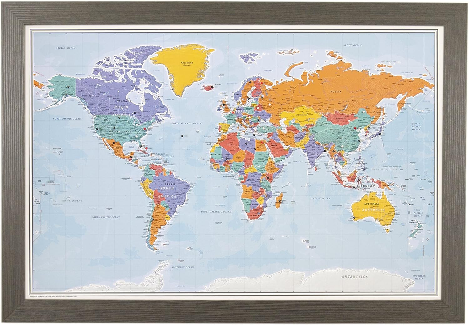 Personalized Push Pin World Travel Map with Black Frame and Pins - Blue Oceans - 27.5 inches x 39.5 inches