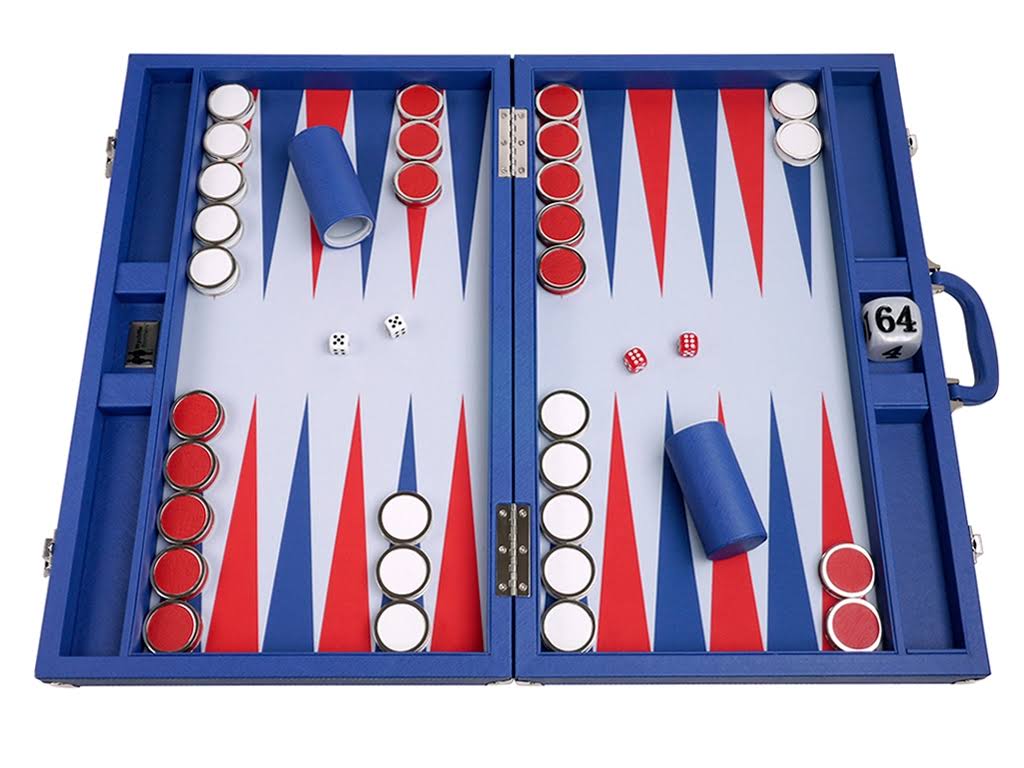 Wycliffe Brothers 23-inch Backgammon Set with 1.75-Inch Nickel Checkers - Blue Case with Light Blue Field - Prestige Class