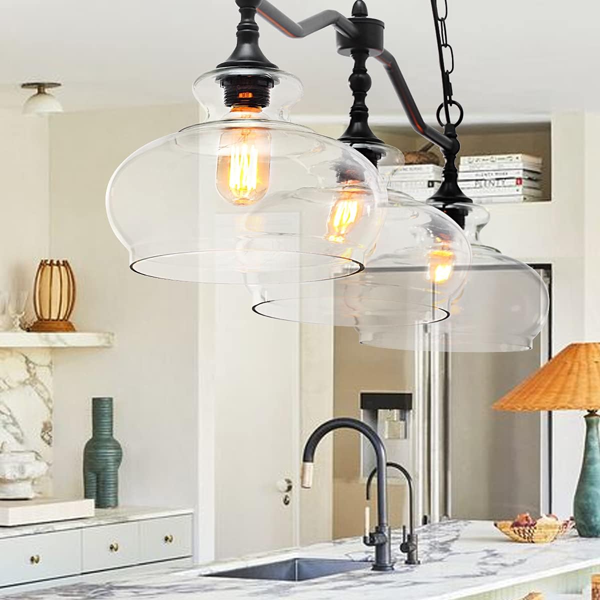 Insfashble Rustic 3-Light Kitchen Island Light in Black Metal with Clear Glass Shades,Farmhouse Chandelier for Dining Room,or Kitchen