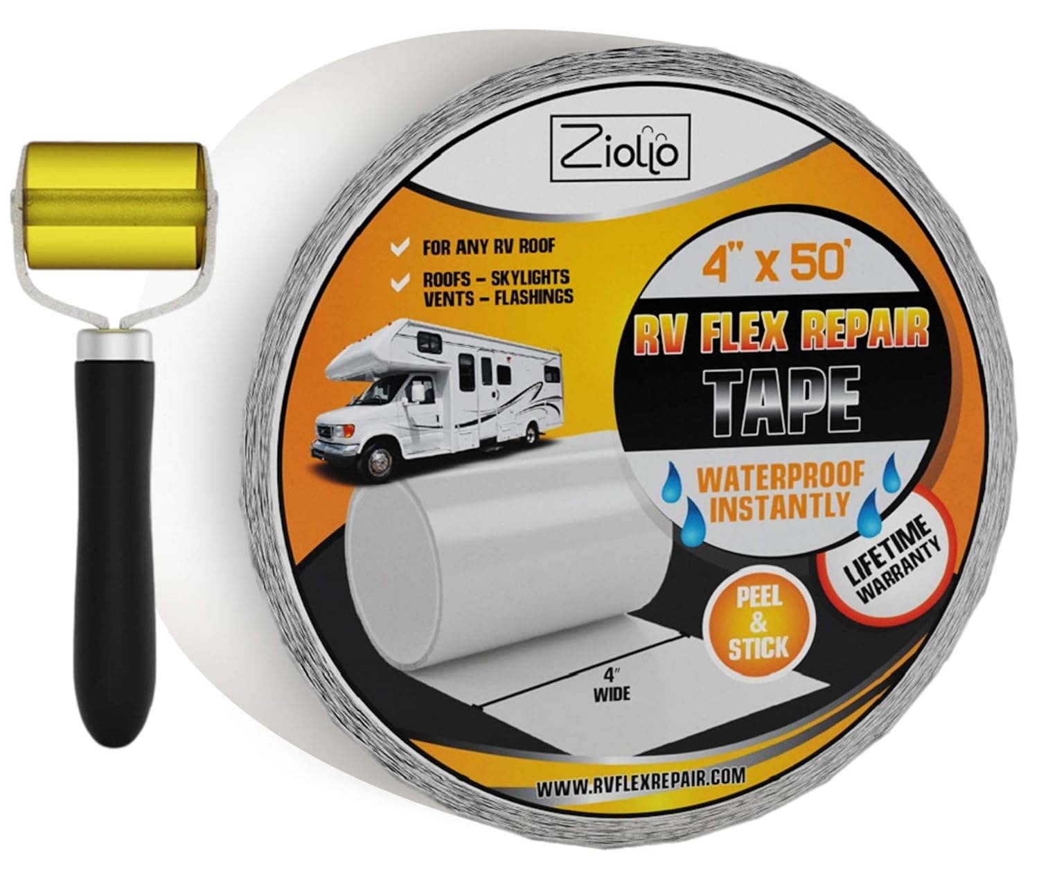 Ziollo RV Flex Repair Tape - Roof Seam Tape to Seal and Waterproof, Bond to EPDM Rubber with Butyl Sealant, Seal Vents and Skylights on Motorhomes, Trailers, Campers (White, 4-inch x 50 Foot Roll) Pack of 2